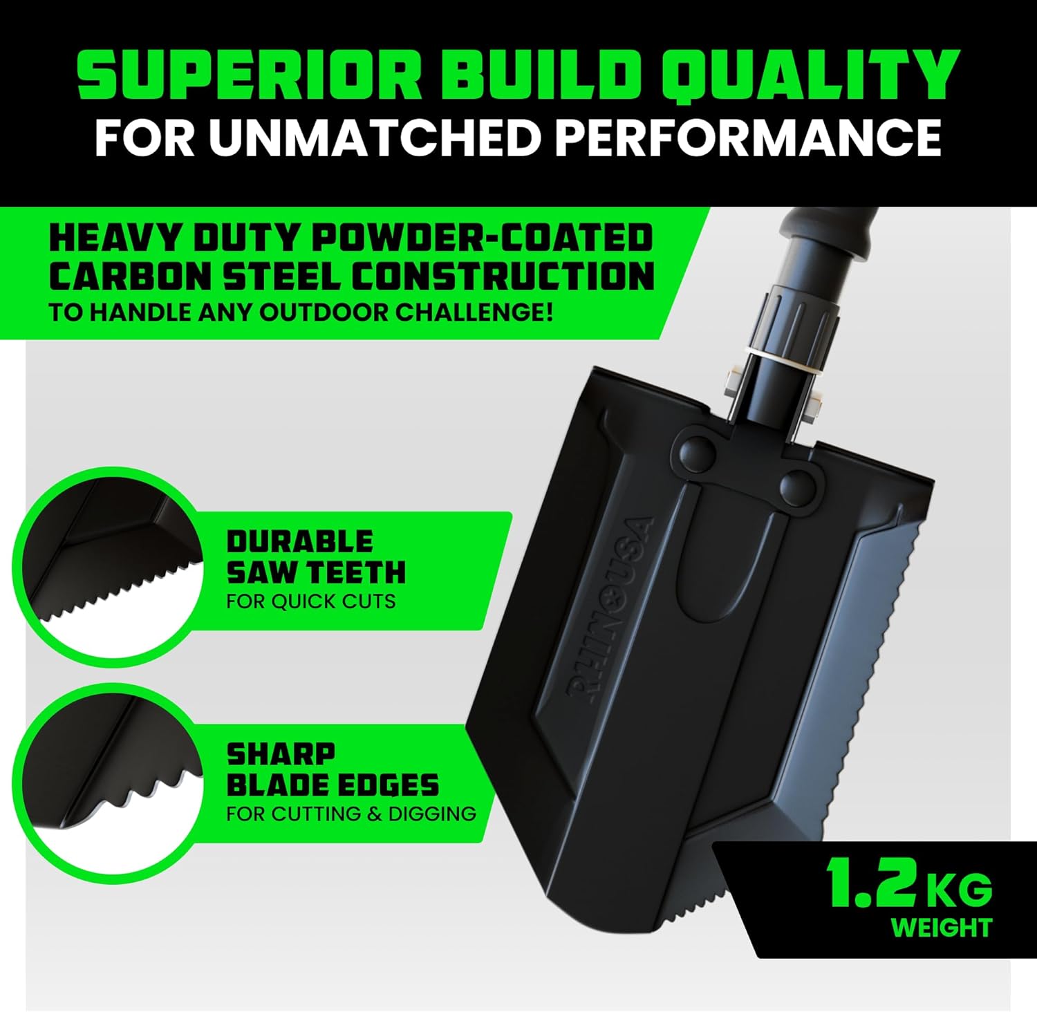 Lopată de supraviețuire pliabilă RHINO USA cu Pick - Instrument rezistent din oțel carbon pentru off-road, camping, grădinărit, plajă, săpat în murdărie, nisip, noroi și zăpadă.
