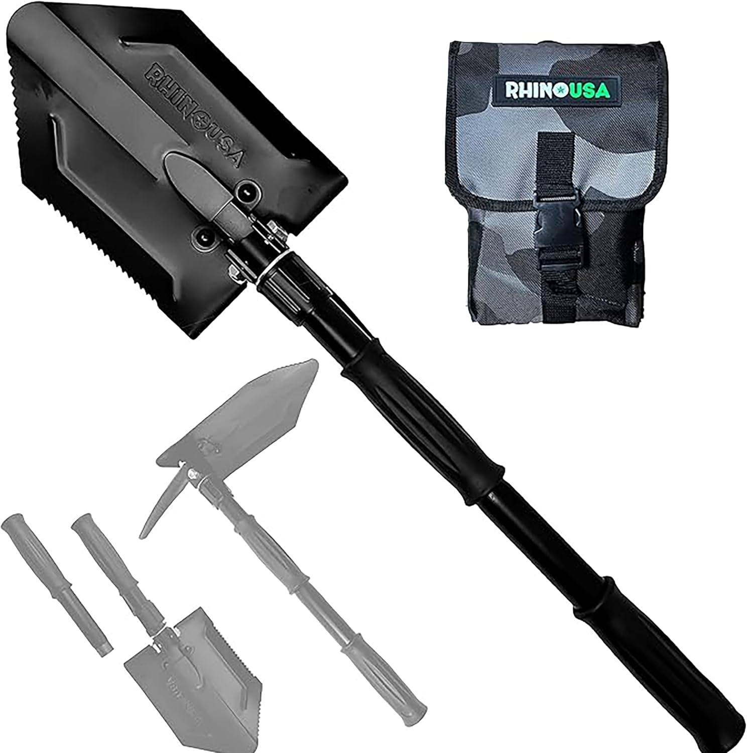 Lopată de supraviețuire pliabilă RHINO USA cu Pick - Instrument rezistent din oțel carbon pentru off-road, camping, grădinărit, plajă, săpat în murdărie, nisip, noroi și zăpadă.