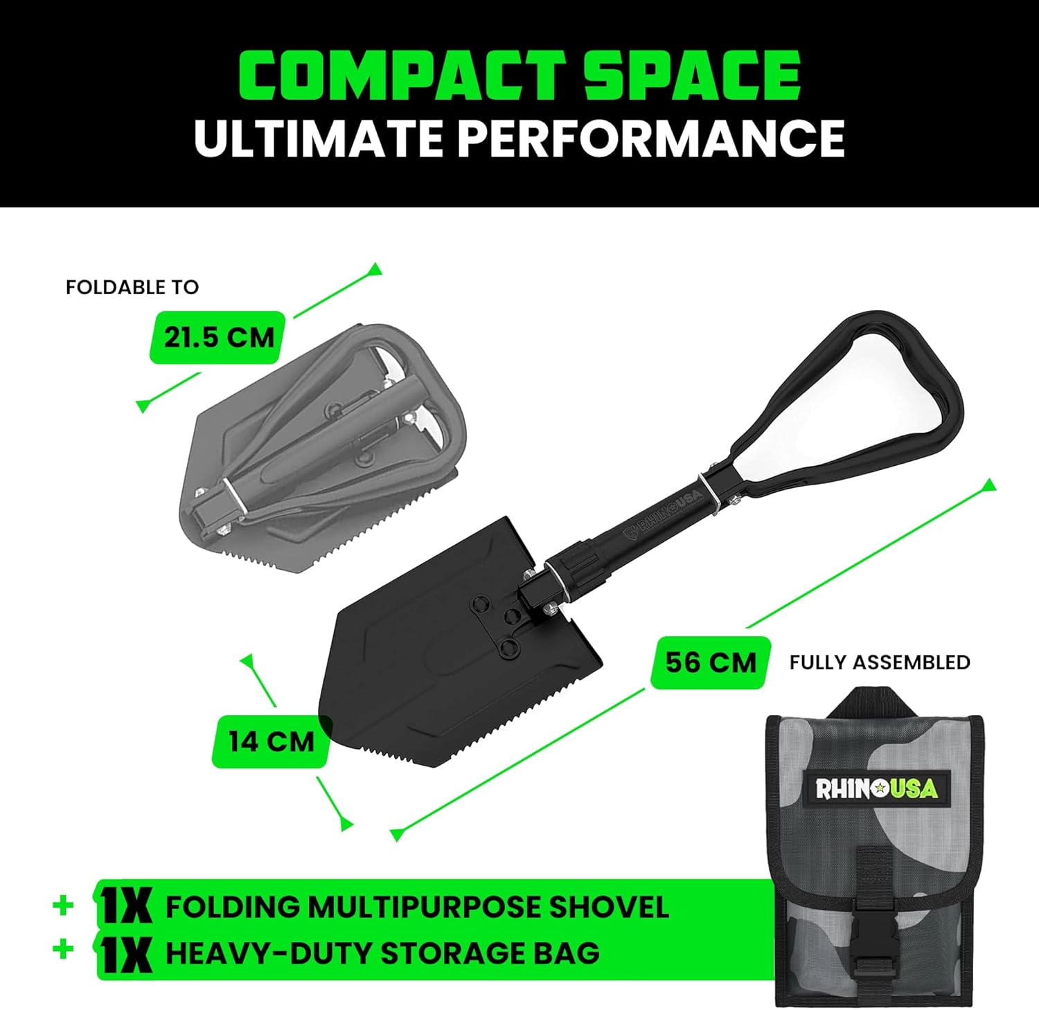 Lopată de supraviețuire pliabilă RHINO USA cu Pick - Instrument rezistent din oțel carbon pentru off-road, camping, grădinărit, plajă, săpat în murdărie, nisip, noroi și zăpadă.