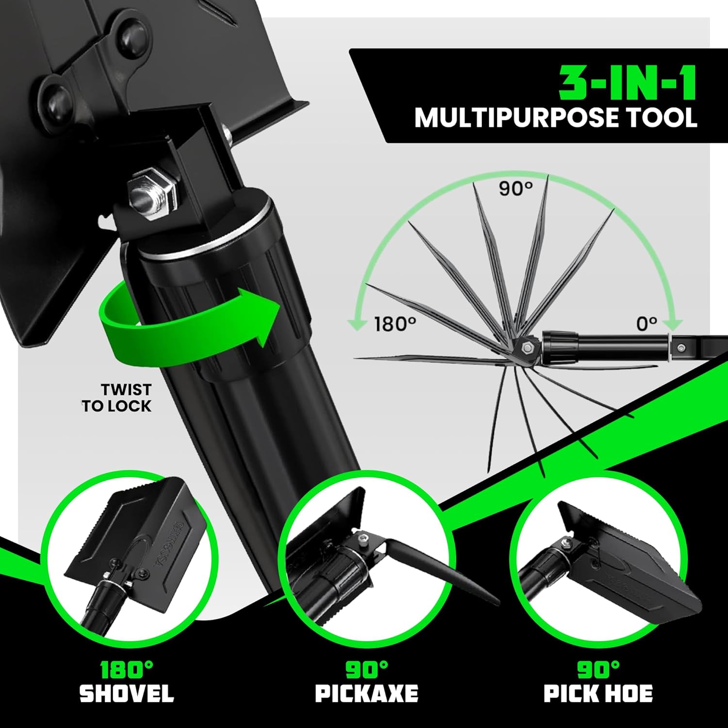Lopată de supraviețuire pliabilă RHINO USA cu Pick - Instrument rezistent din oțel carbon pentru off-road, camping, grădinărit, plajă, săpat în murdărie, nisip, noroi și zăpadă.
