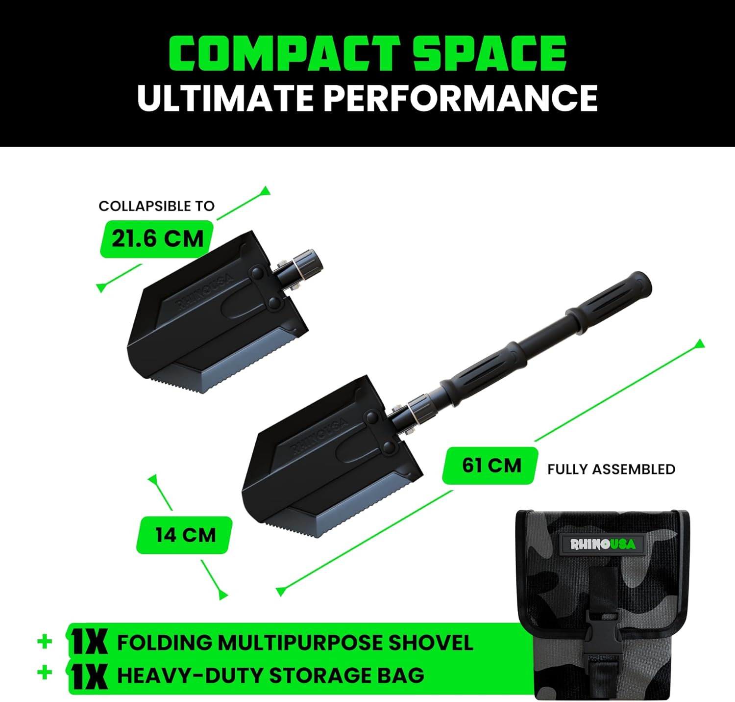 Lopată de supraviețuire pliabilă RHINO USA cu Pick - Instrument rezistent din oțel carbon pentru off-road, camping, grădinărit, plajă, săpat în murdărie, nisip, noroi și zăpadă.
