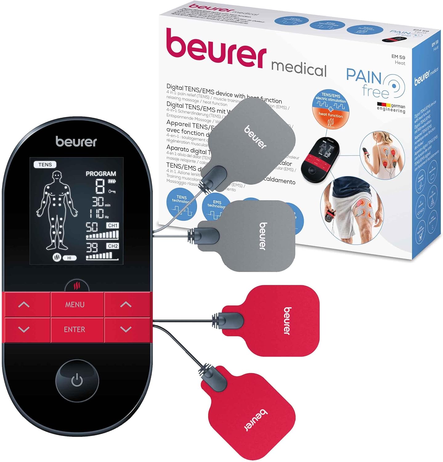 Beurer EM59 Dispozitiv digital TENS/EMS cu căldură, dispozitiv de stimulare 4 în 1 pentru terapia durerii, stimularea musculară, masaj și terapie cu căldură, 4 electrozi, 70 de programe, 50 de niveluri de intensitate