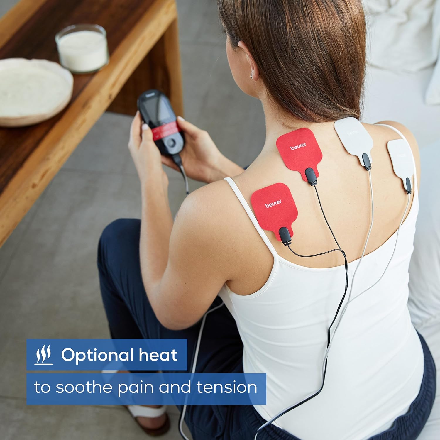 Beurer EM59 Dispozitiv digital TENS/EMS cu căldură, dispozitiv de stimulare 4 în 1 pentru terapia durerii, stimularea musculară, masaj și terapie cu căldură, 4 electrozi, 70 de programe, 50 de niveluri de intensitate