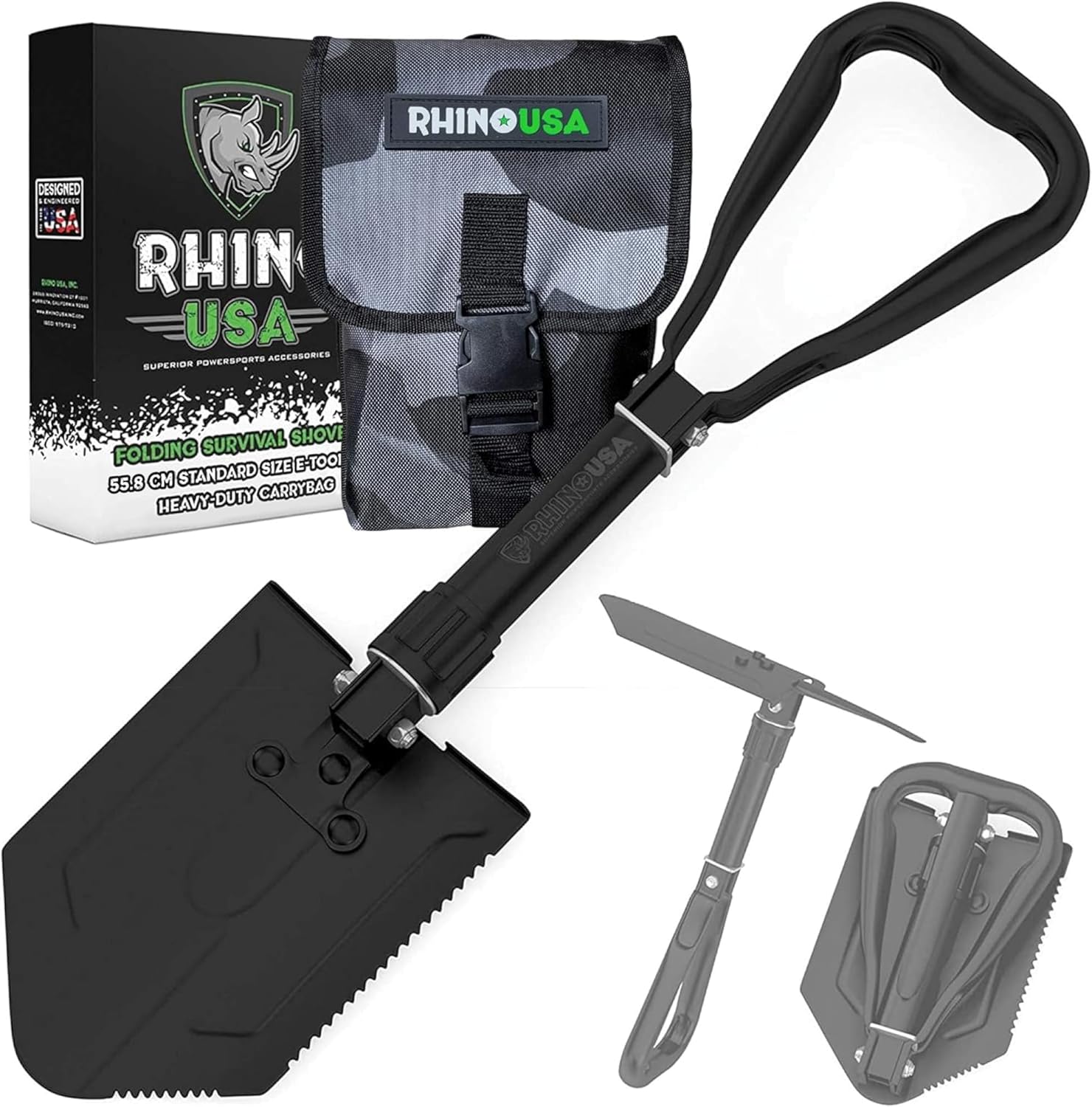 Lopată de supraviețuire pliabilă RHINO USA cu Pick - Instrument rezistent din oțel carbon pentru off-road, camping, grădinărit, plajă, săpat în murdărie, nisip, noroi și zăpadă.