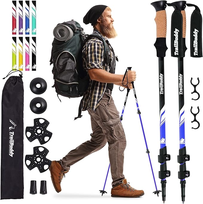 Bețe de drumeție TrailBuddy - Pachete de 2 bețe de drumeții ușoare, reglabile pentru drumeții, camping și rucsac - bețe de drumeție cu mânere din plută și curele căptușite