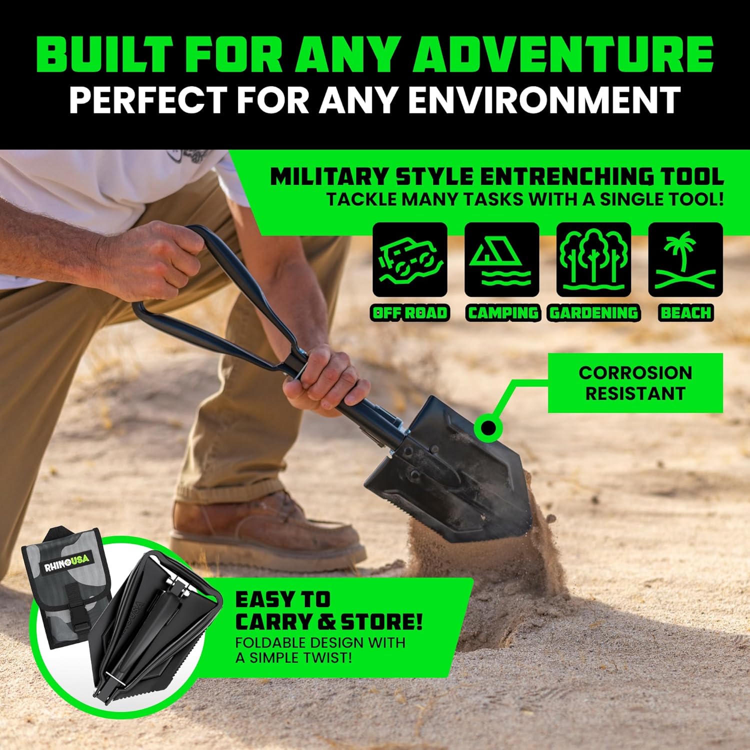 Lopată de supraviețuire pliabilă RHINO USA cu Pick - Instrument rezistent din oțel carbon pentru off-road, camping, grădinărit, plajă, săpat în murdărie, nisip, noroi și zăpadă.