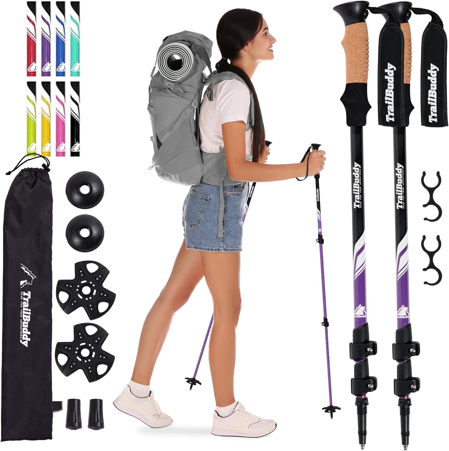 Bețe de drumeție TrailBuddy - Pachete de 2 bețe de drumeții ușoare, reglabile pentru drumeții, camping și rucsac - bețe de drumeție cu mânere din plută și curele căptușite