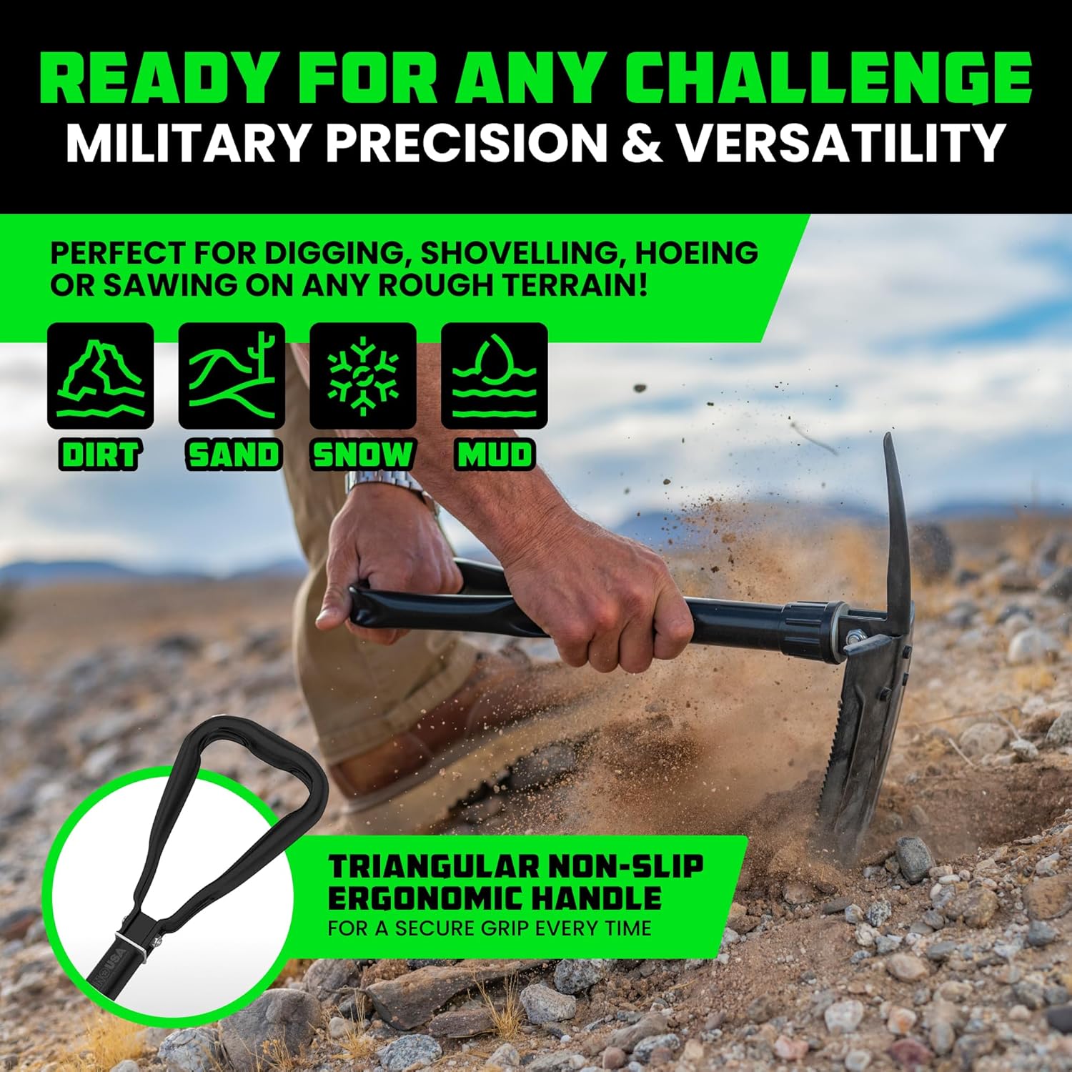Lopată de supraviețuire pliabilă RHINO USA cu Pick - Instrument rezistent din oțel carbon pentru off-road, camping, grădinărit, plajă, săpat în murdărie, nisip, noroi și zăpadă.