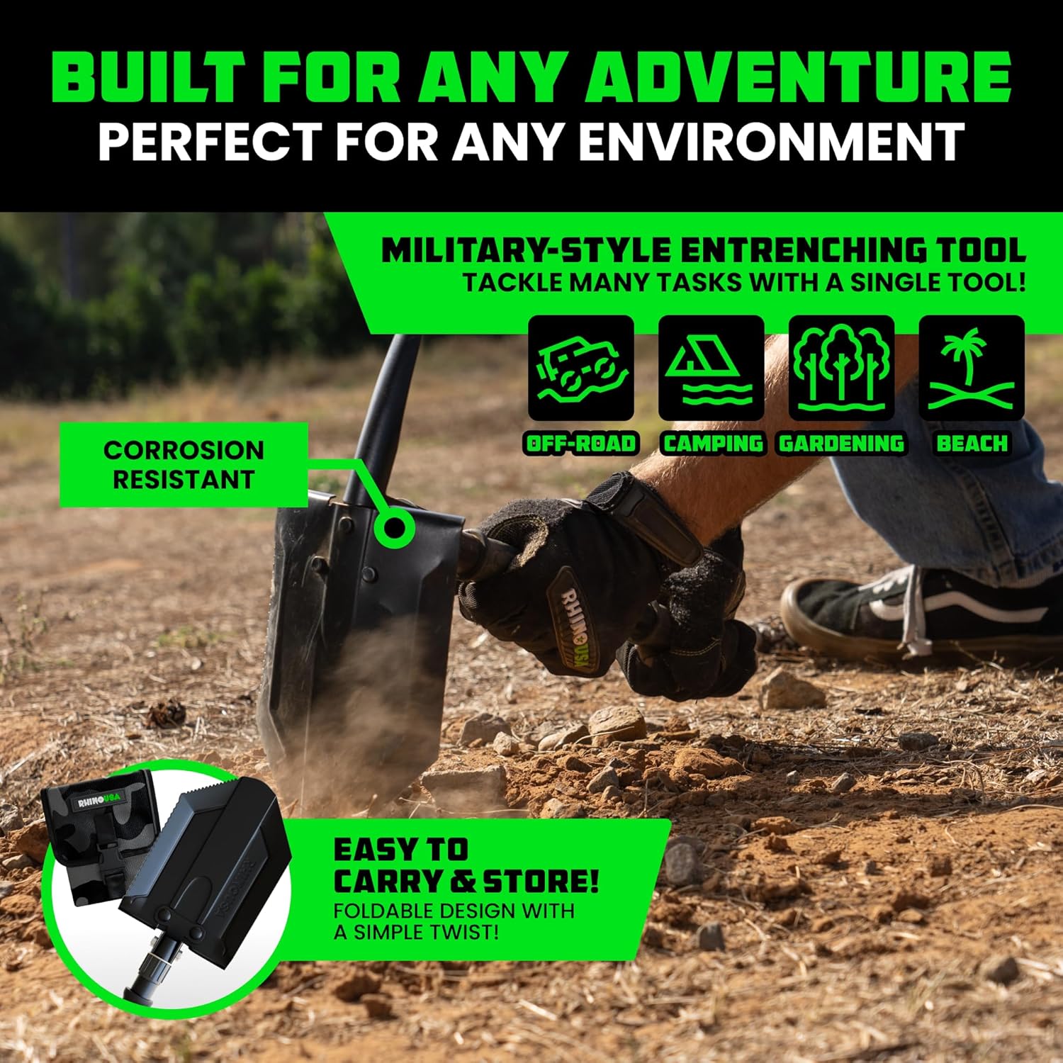 Lopată de supraviețuire pliabilă RHINO USA cu Pick - Instrument rezistent din oțel carbon pentru off-road, camping, grădinărit, plajă, săpat în murdărie, nisip, noroi și zăpadă.