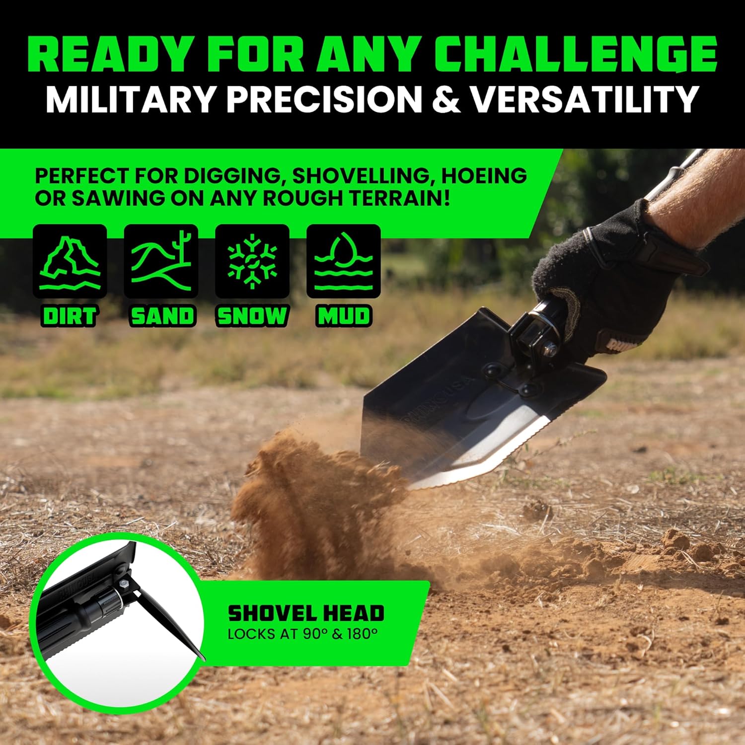 Lopată de supraviețuire pliabilă RHINO USA cu Pick - Instrument rezistent din oțel carbon pentru off-road, camping, grădinărit, plajă, săpat în murdărie, nisip, noroi și zăpadă.