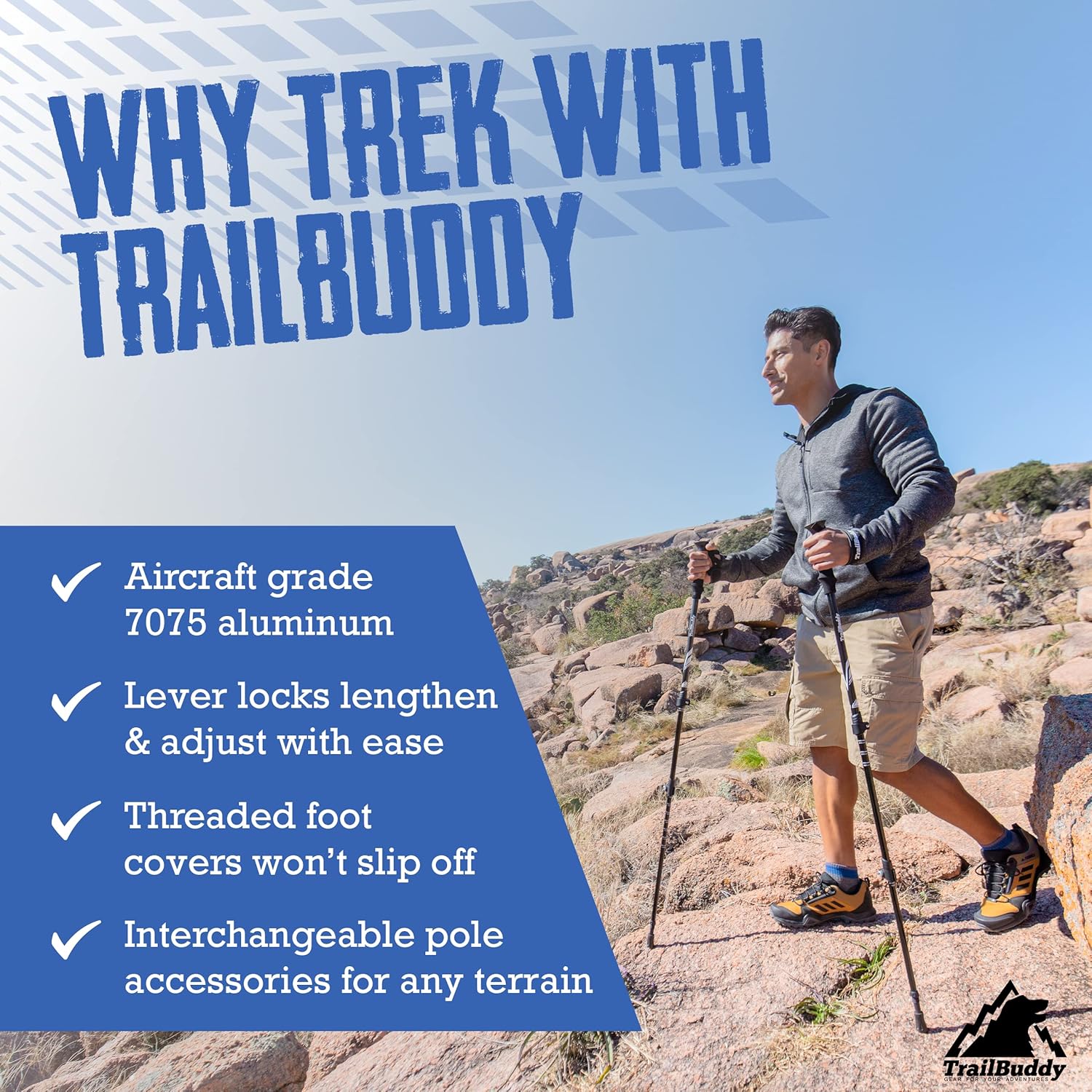 Bețe de drumeție TrailBuddy - Pachete de 2 bețe de drumeții ușoare, reglabile pentru drumeții, camping și rucsac - bețe de drumeție cu mânere din plută și curele căptușite