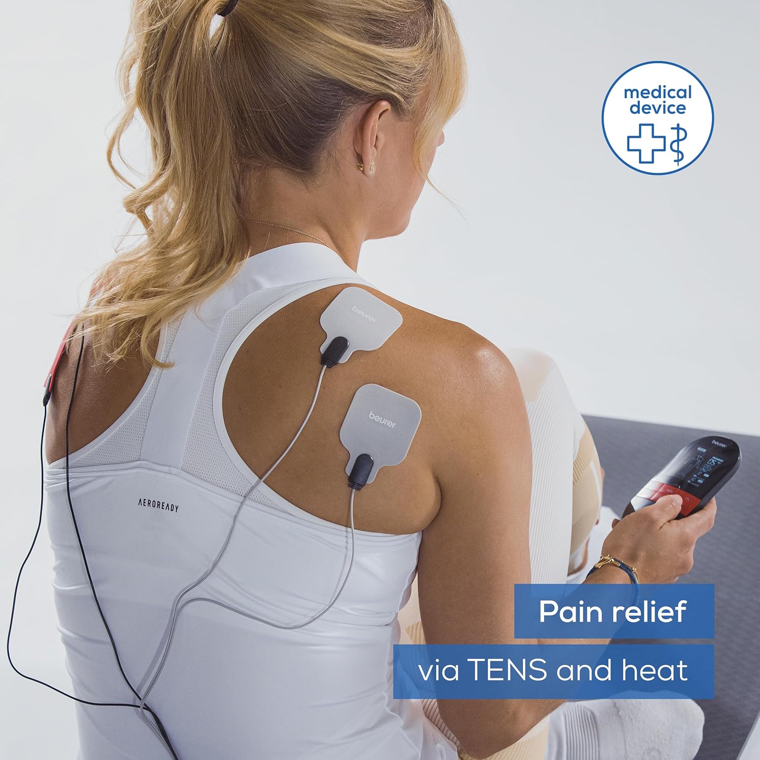 Beurer EM59 Dispozitiv digital TENS/EMS cu căldură, dispozitiv de stimulare 4 în 1 pentru terapia durerii, stimularea musculară, masaj și terapie cu căldură, 4 electrozi, 70 de programe, 50 de niveluri de intensitate