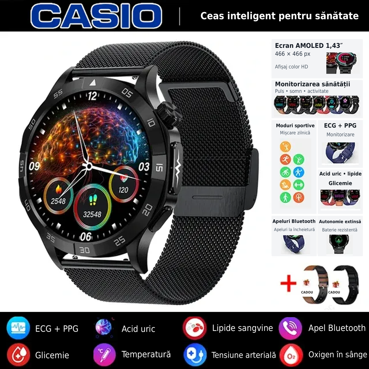 ⌚️⌚️CASIO AI zdravotní chytré hodinky 2026 ⌚️✨ – neinvazivní měření glukózy, EKG a PPG, komplexní monitoring zdraví