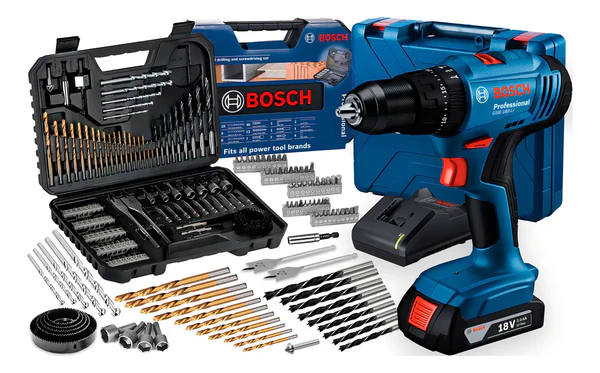 Bormașină cu Percuție Bosch GSB 183-LI 18V cu 2 Baterii, Geantă, Burghie și Biți – 103 Piese