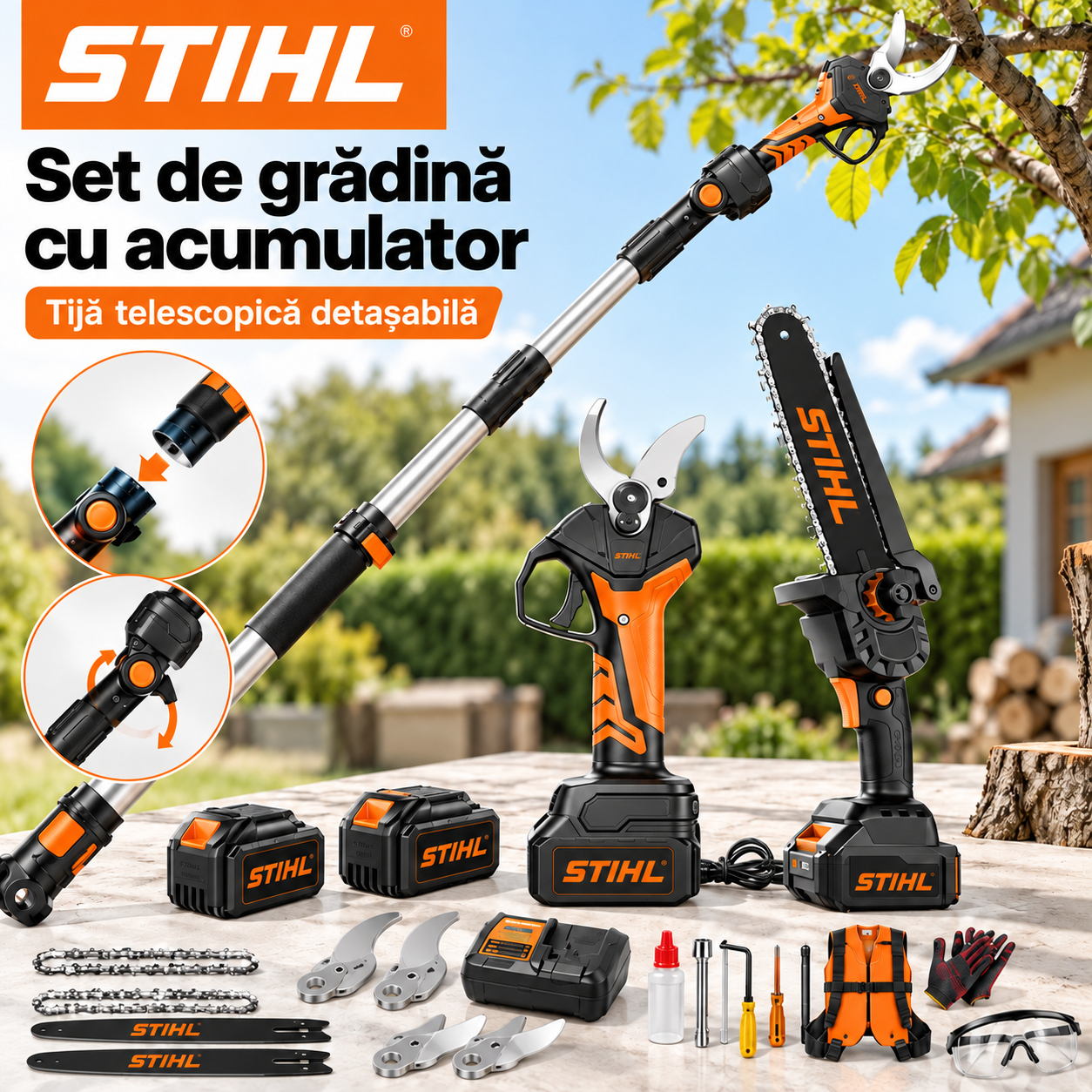 Set STIHL® format din motoferăstrău și foarfece de grădină cu acumulator și motor fără perii – Performanță profesională, tăiere fără efort.