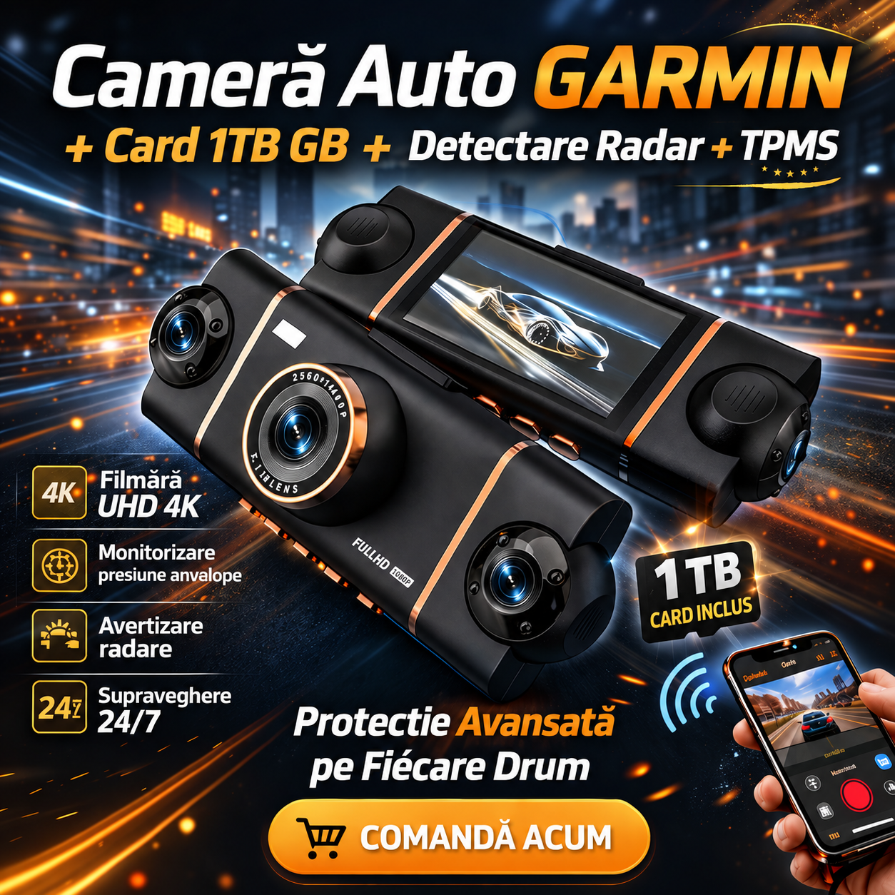 Cameră auto cu 4 camere – acoperire completă la 360°, înregistrare clară ziua și noaptea, 4K Ultra HD
