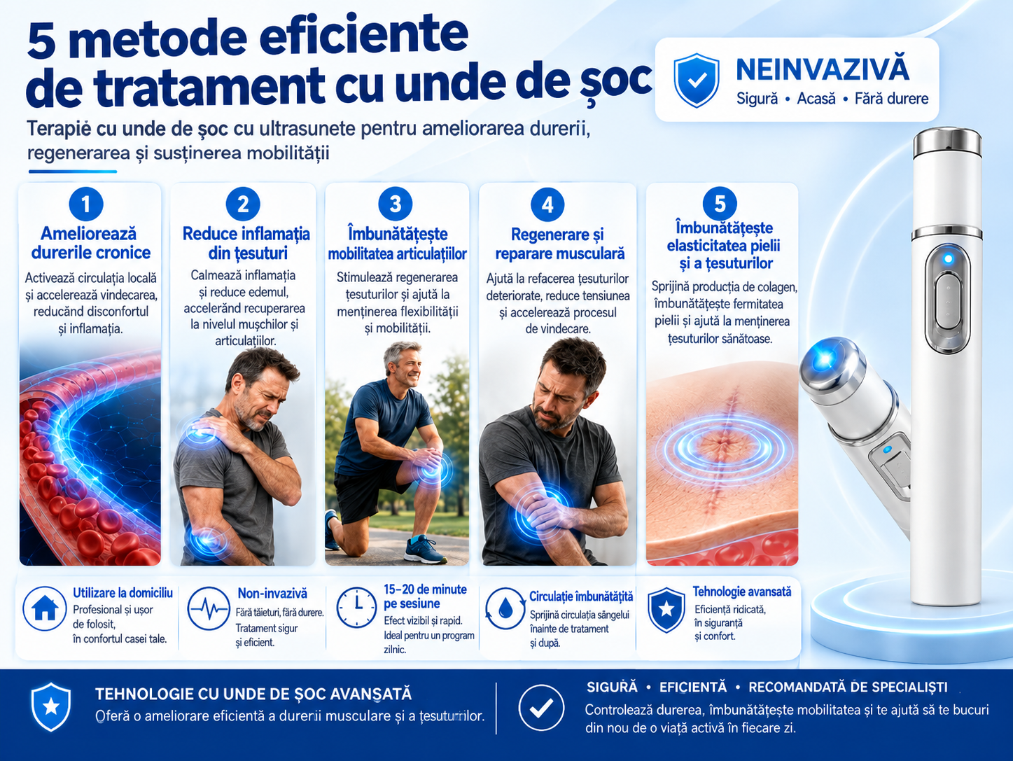 Terapia avansată cu unde de șoc acustice restabilește sănătatea țesutului penian și îmbunătățește fermitatea erecției, rezistența și încrederea în sine a bărbatului, atenuând în același timp durerile musculare, rigiditatea articulară și durerile tendinoas