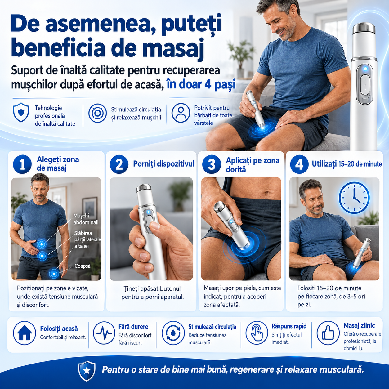 Terapia avansată cu unde de șoc acustice restabilește sănătatea țesutului penian și îmbunătățește fermitatea erecției, rezistența și încrederea în sine a bărbatului, atenuând în același timp durerile musculare, rigiditatea articulară și durerile tendinoas