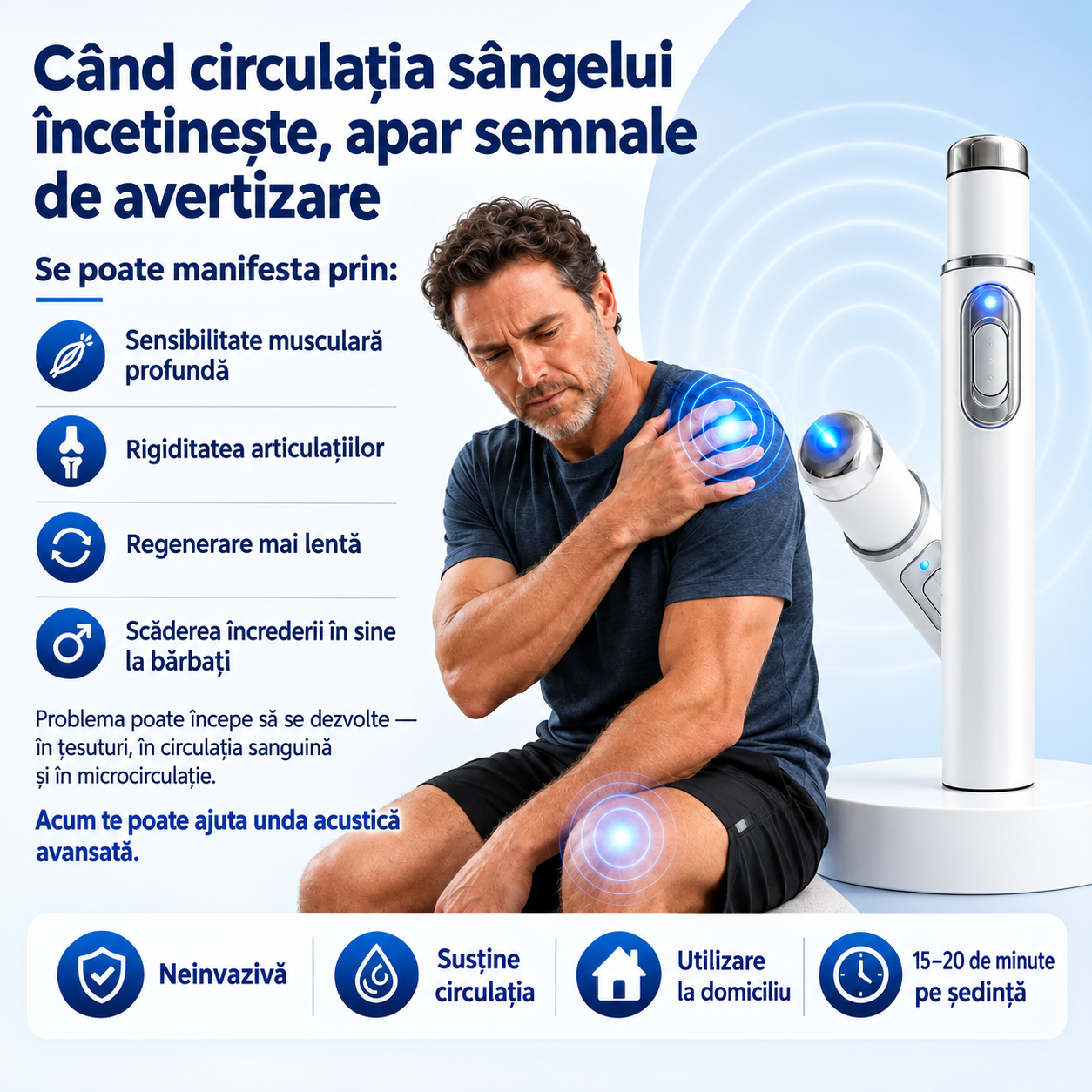 Terapia avansată cu unde de șoc acustice restabilește sănătatea țesutului penian și îmbunătățește fermitatea erecției, rezistența și încrederea în sine a bărbatului, atenuând în același timp durerile musculare, rigiditatea articulară și durerile tendinoas