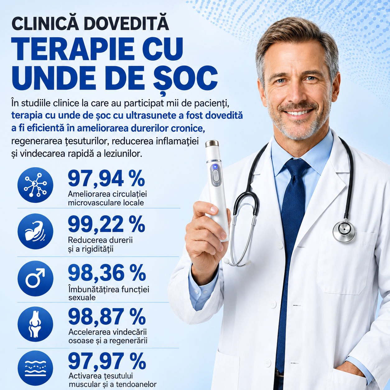 Terapia avansată cu unde de șoc acustice restabilește sănătatea țesutului penian și îmbunătățește fermitatea erecției, rezistența și încrederea în sine a bărbatului, atenuând în același timp durerile musculare, rigiditatea articulară și durerile tendinoas