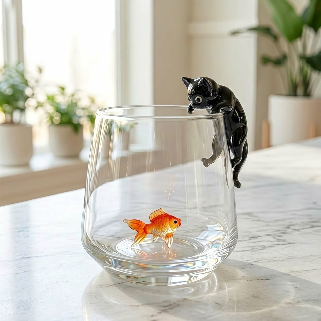 Hungry Cat & Goldfish Glass Cup