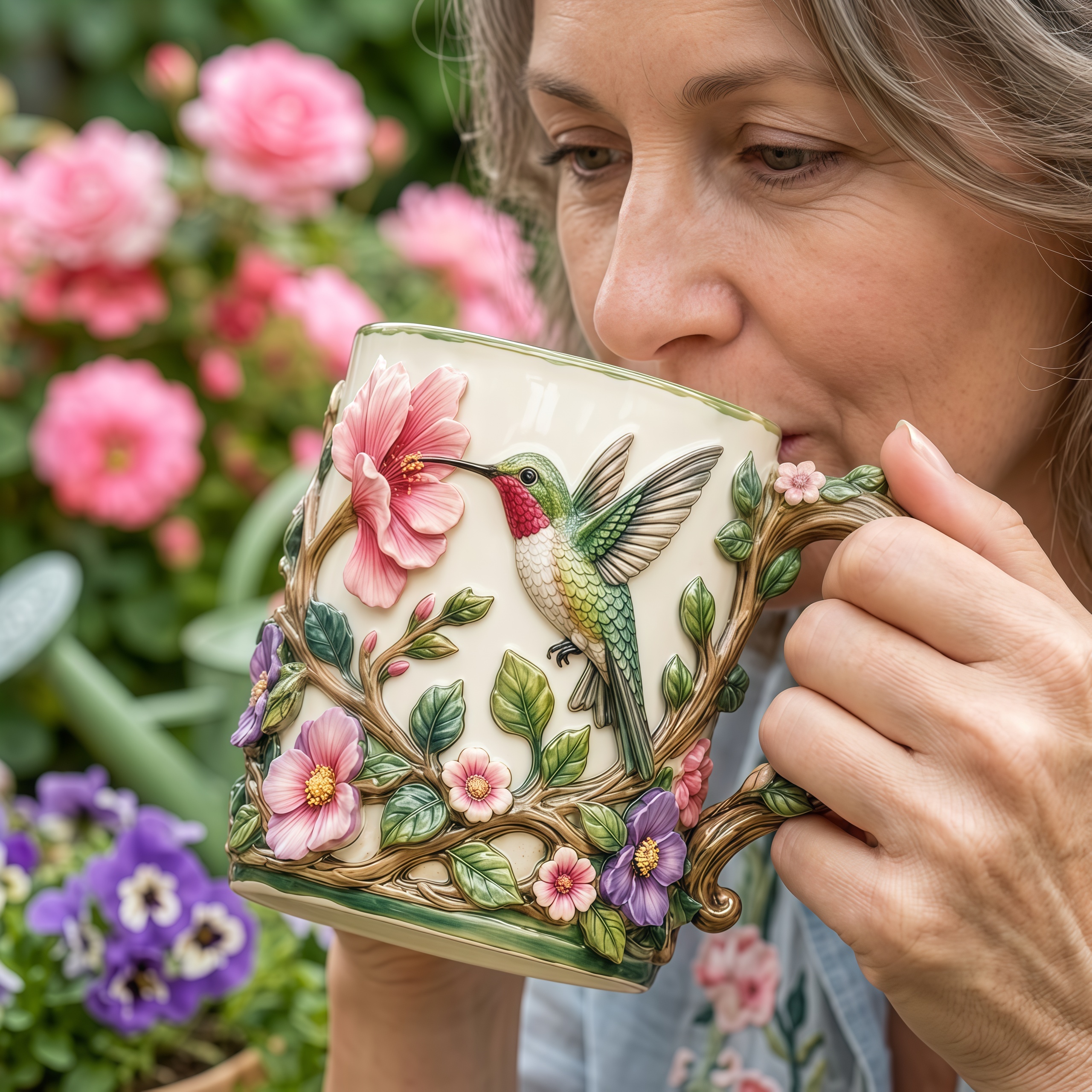 Hummingbird Garden Embossed Mug