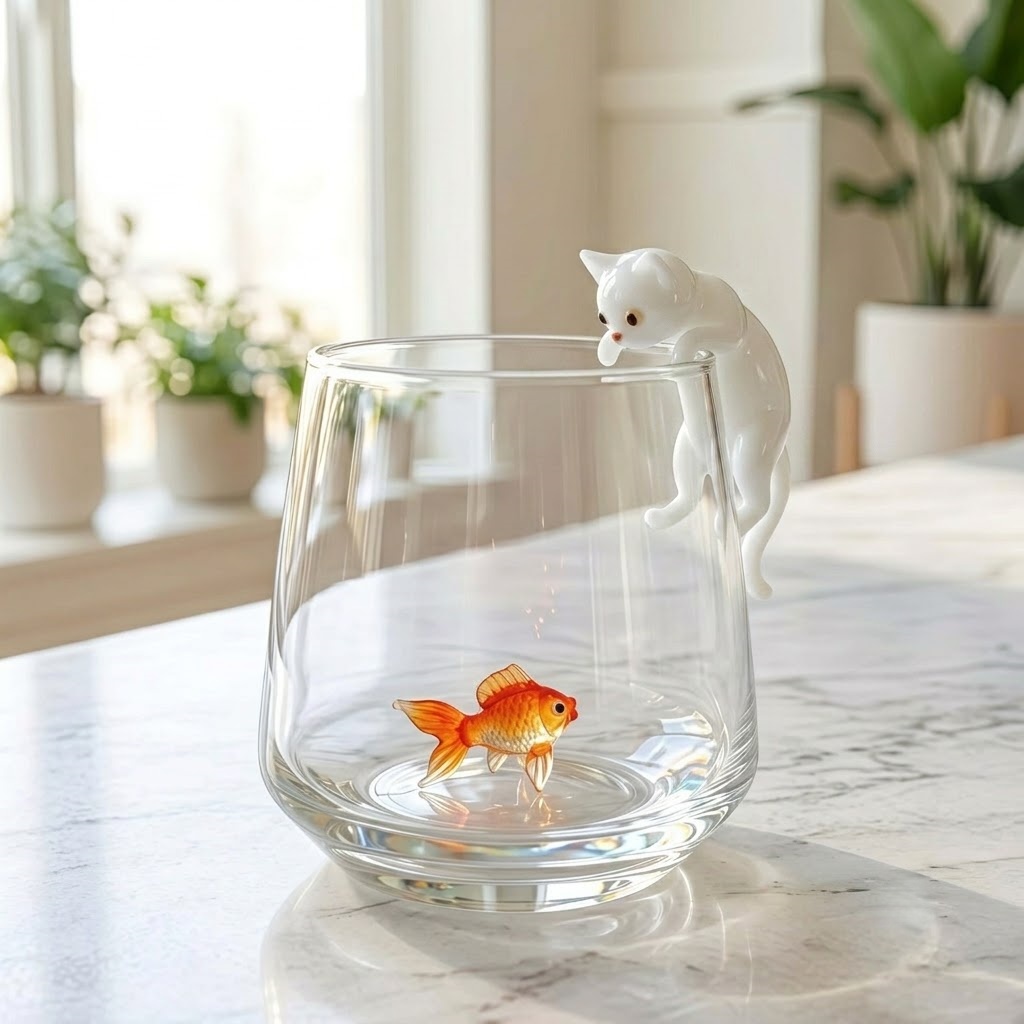 Hungry Cat & Goldfish Glass Cup