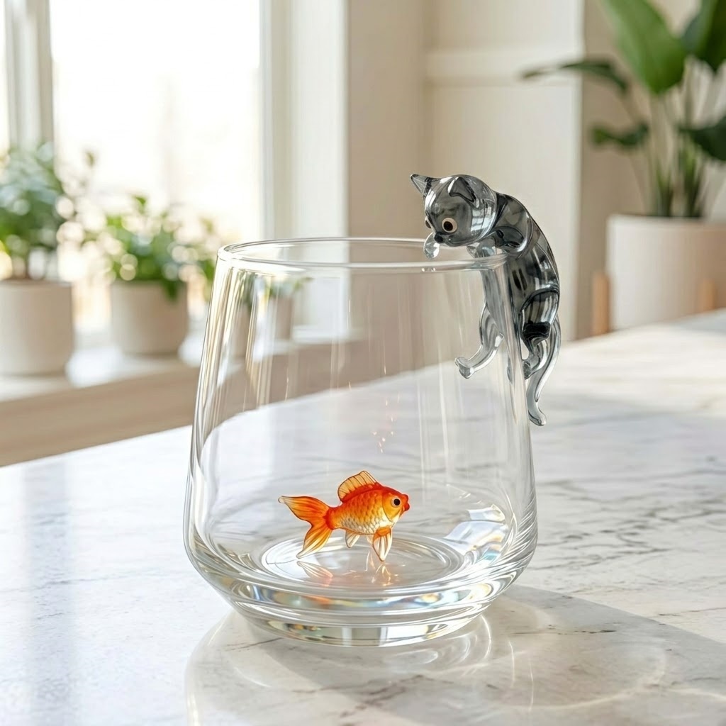 Hungry Cat & Goldfish Glass Cup