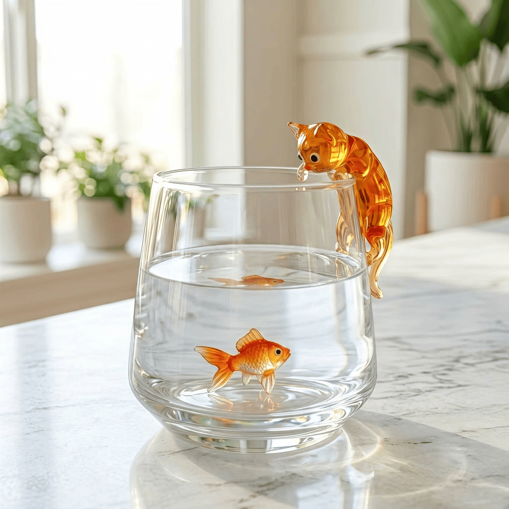 Hungry Cat & Goldfish Glass Cup