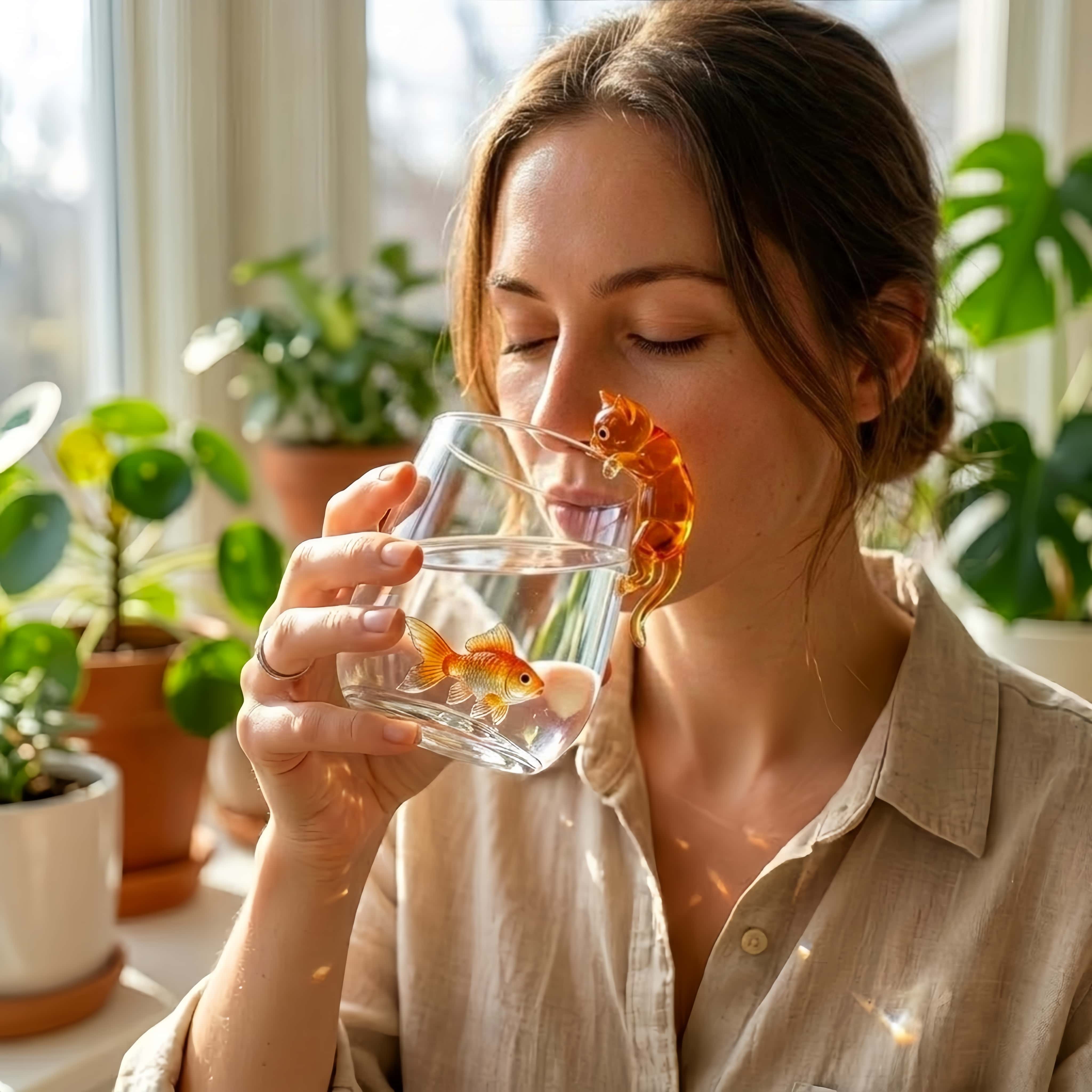 Hungry Cat & Goldfish Glass Cup