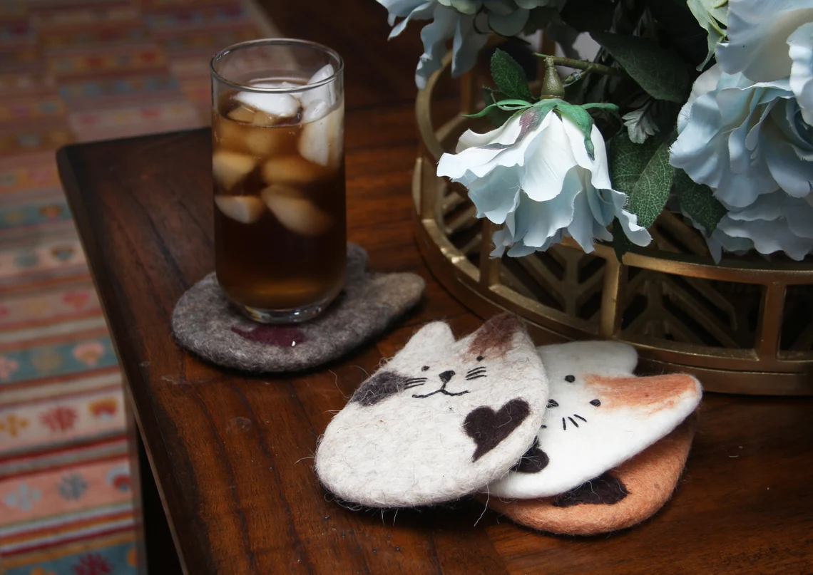 Absorbent Handmade Cat Coasters-Set of Four-4-Wool Felt-Gifts for Cat Lovers-Coaster Set-Funny Drink Coasters-