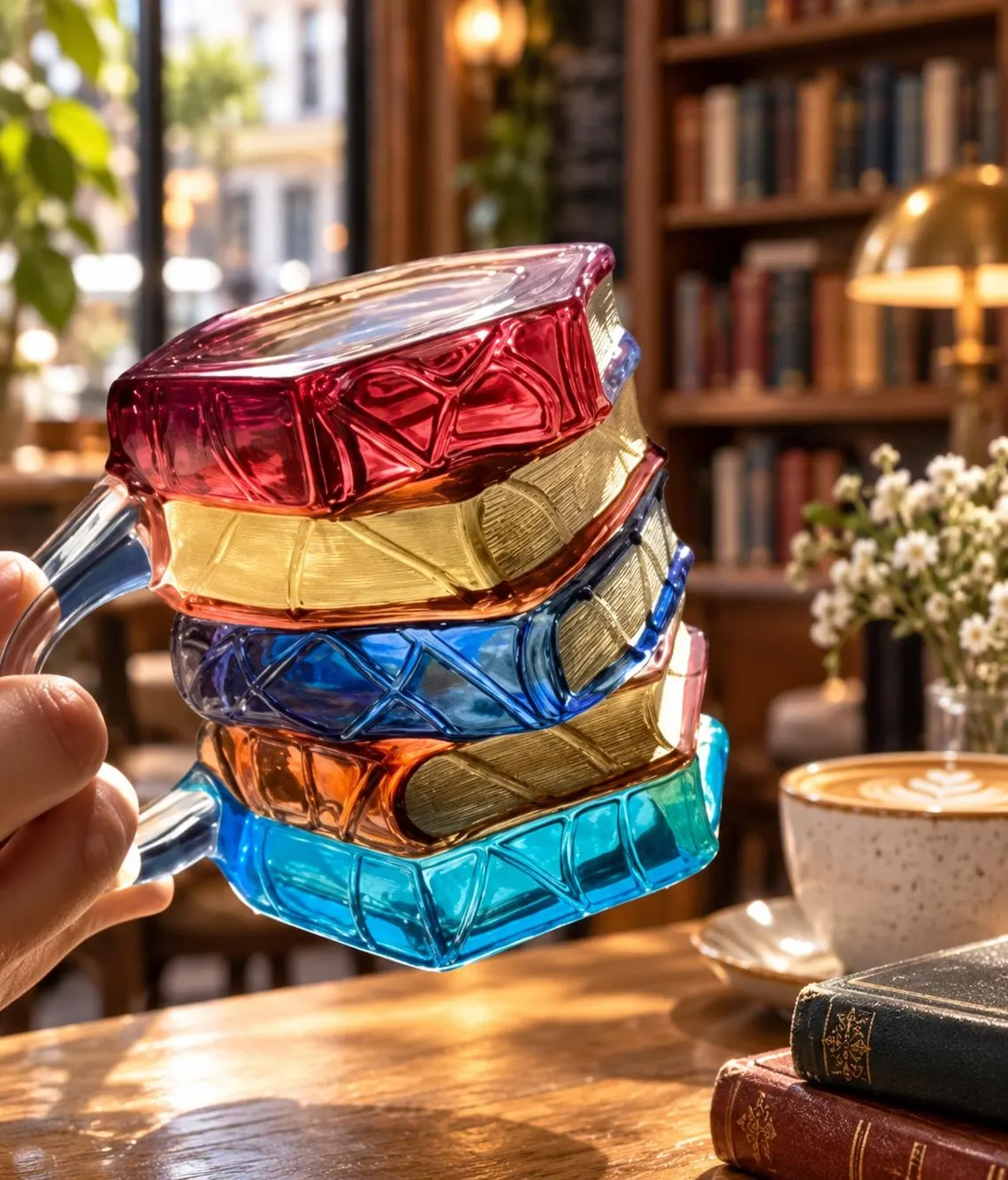 Hand-Painted Book Stack Glass Mug
