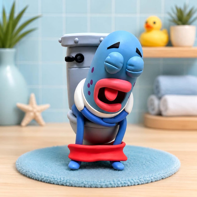 May include: A blue cartoon fish character with purple spots, closed eyes, and an open mouth with a tongue, sitting on a gray toilet. The character wears a white collar and a red band around its legs, resting on a round, light blue textured mat.