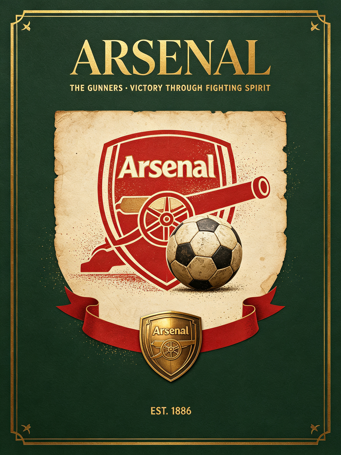 Elegant retro Arsenal football club wall art, deep forest green, antique bronze gold, parchment beige palette, Sports Fan Kit soccer jersey retail print