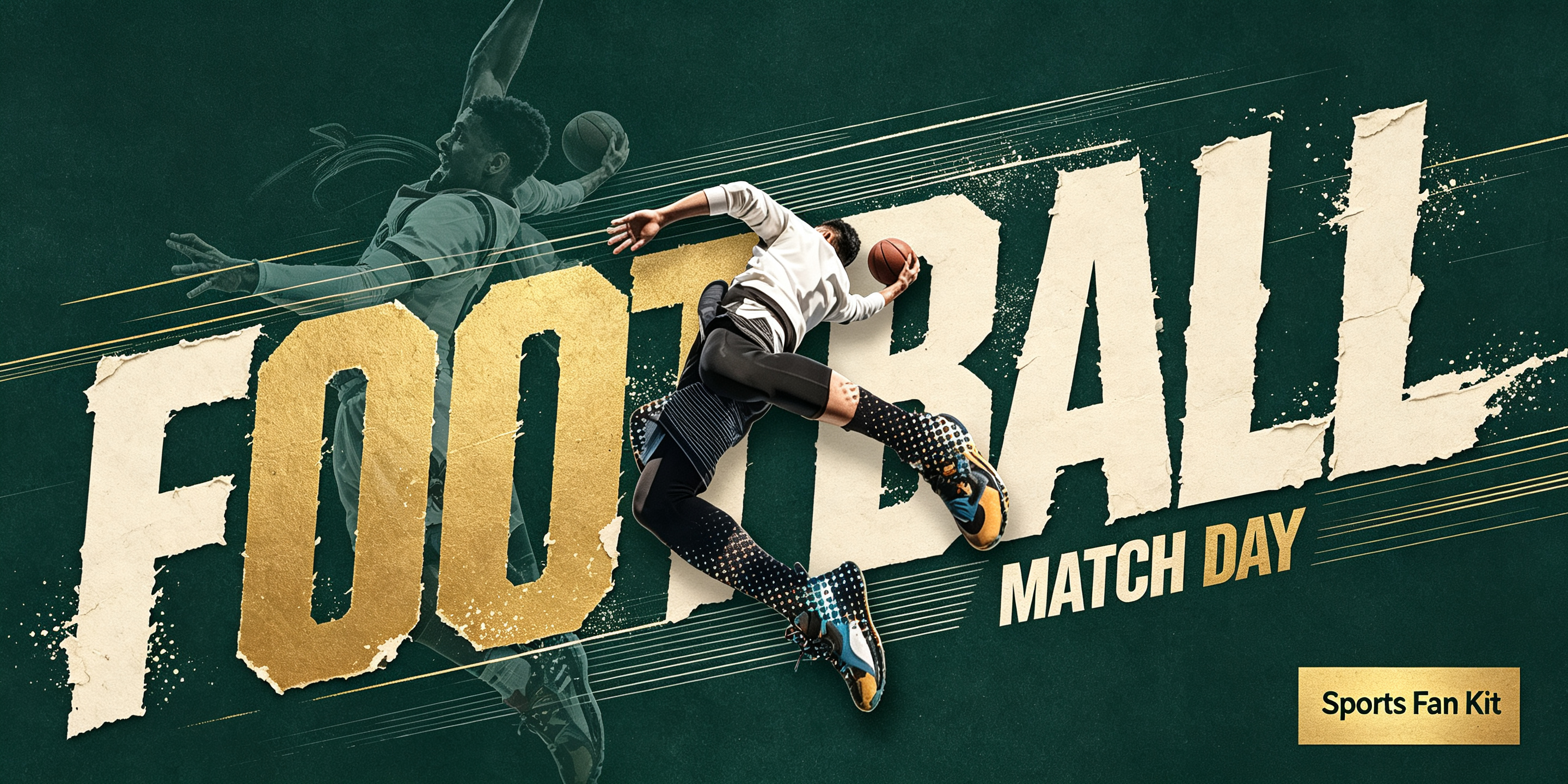 Sports Fan Kit soccer fan gear, dynamic soccer player graphic, vintage torn texture, dark teal antique bronze gold parchment beige, retro sports fan apparel and jersey artwork
