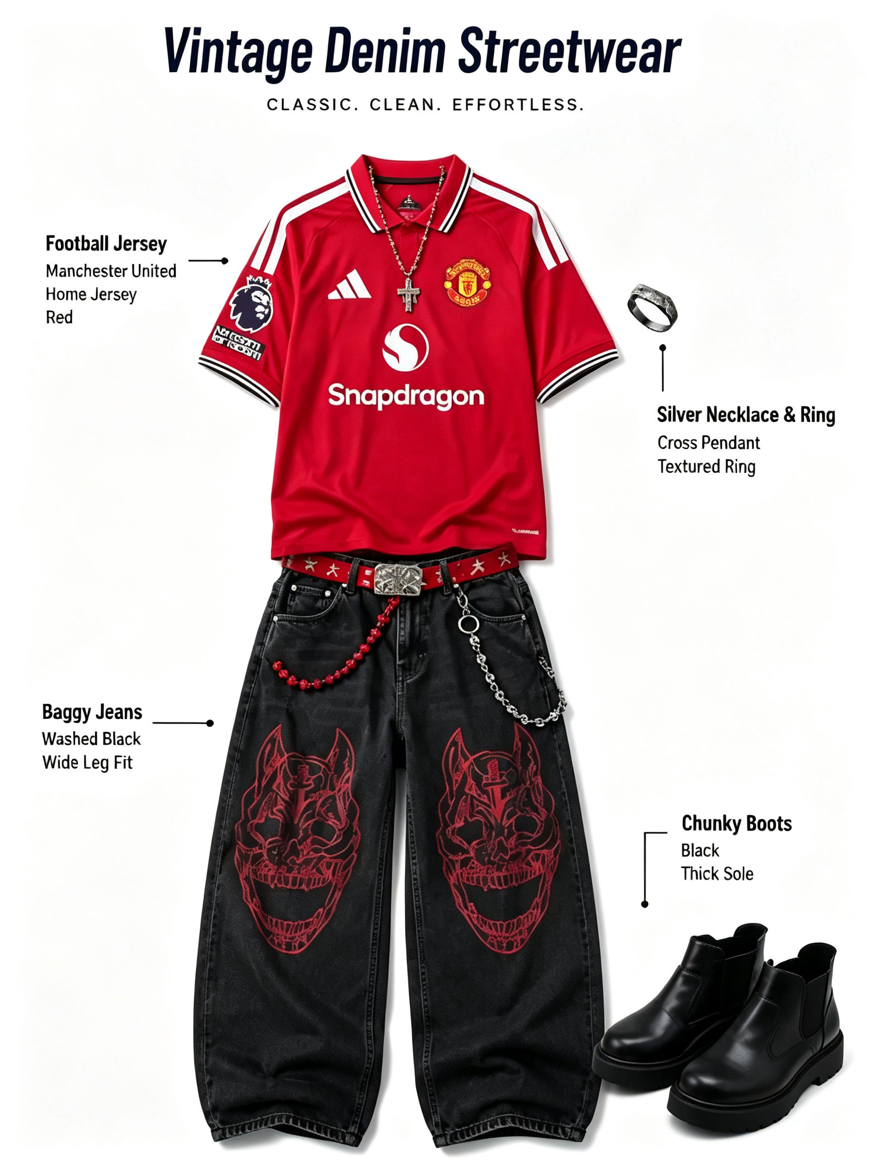 Vintage denim streetwear look with red Manchester United style football jersey, washed black baggy jeans and chunky boots, Sports Fan Kit outfit guide