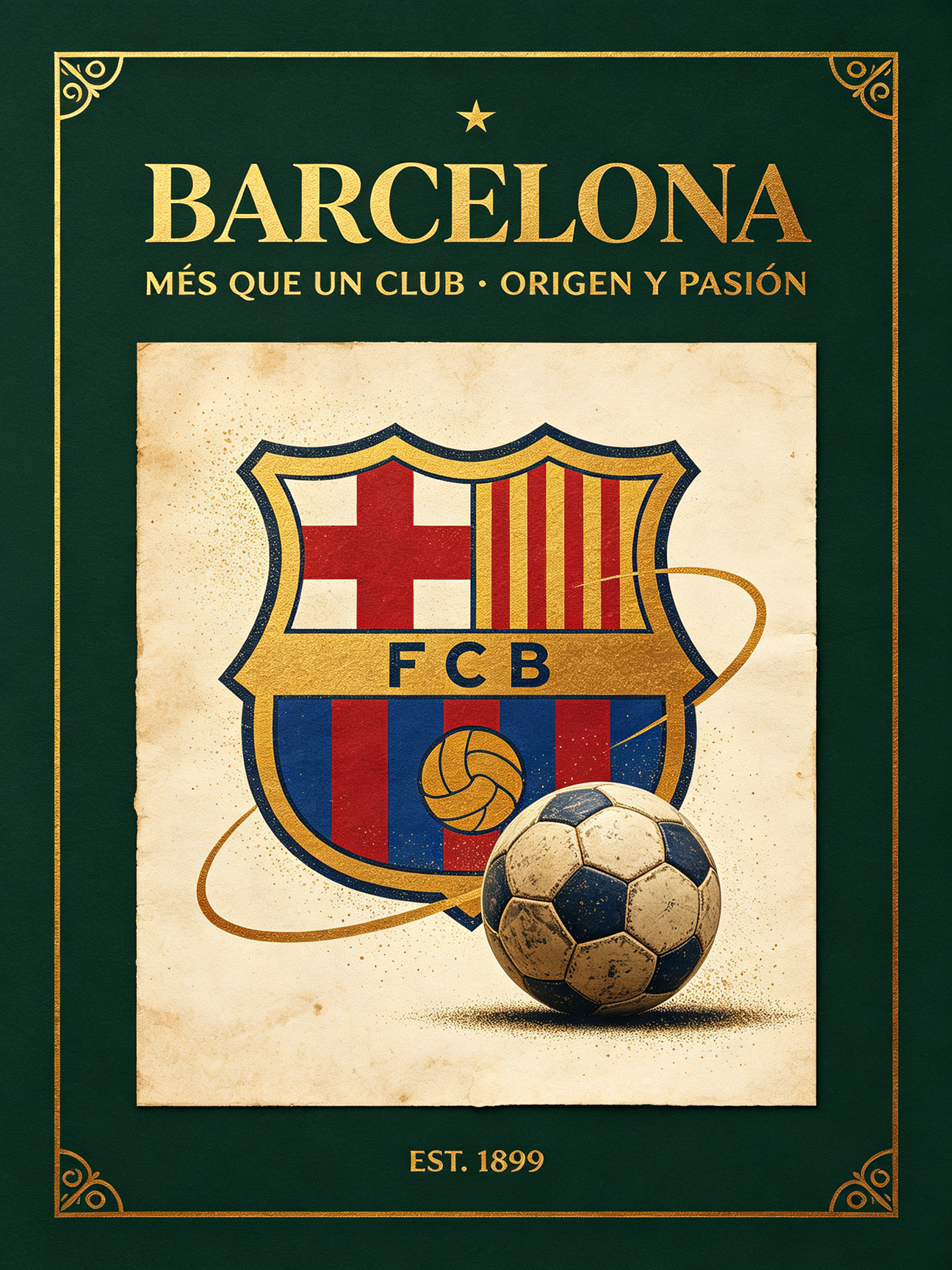 Retro luxury FC Barcelona football club print, deep teal green, antique bronze gold, sheepskin beige palette, Sports Fan Kit soccer jersey store artwork