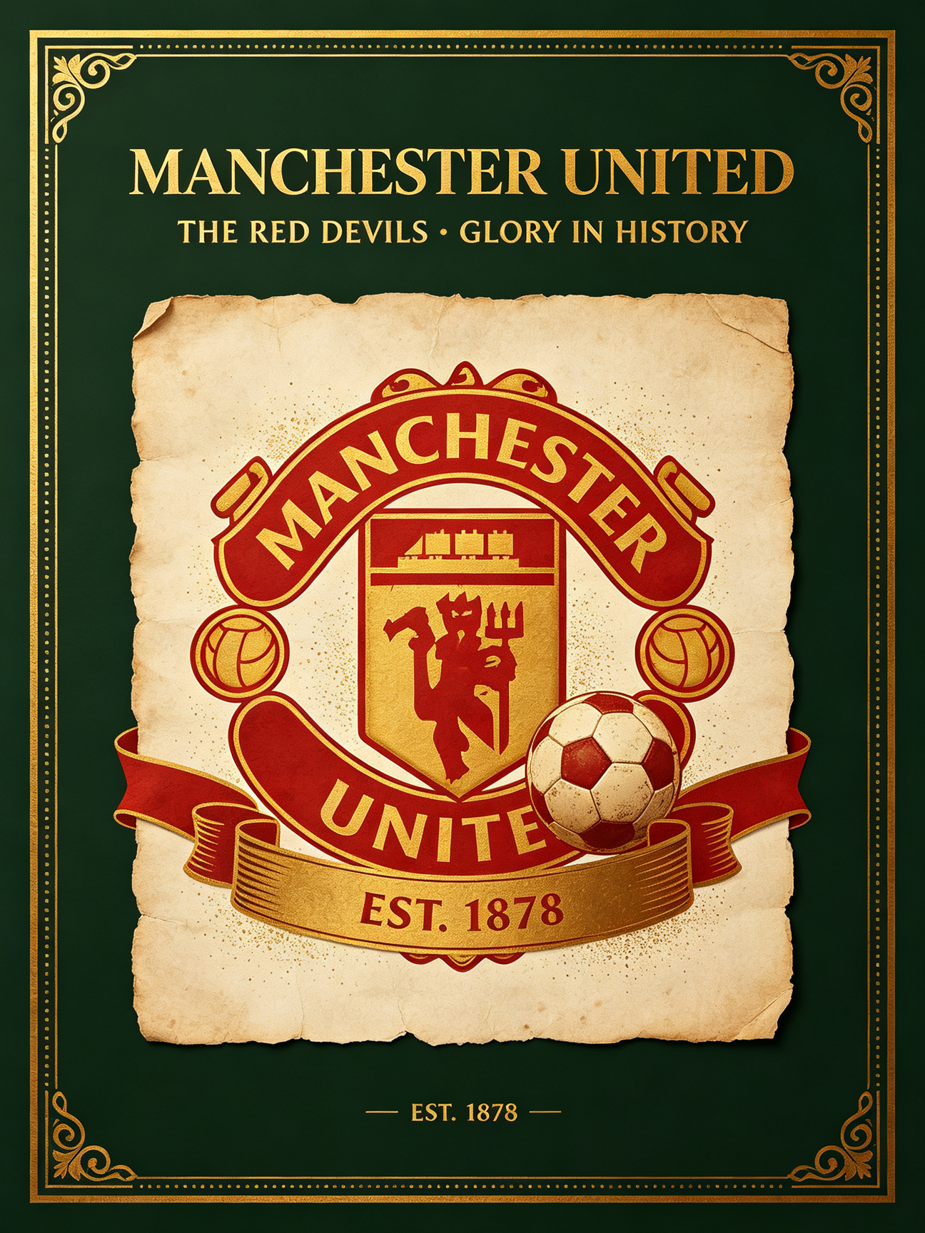 Elegant vintage Manchester United football club wall decor, dark emerald green, old bronze gold, parchment cream tones, Sports Fan Kit soccer jersey shop print