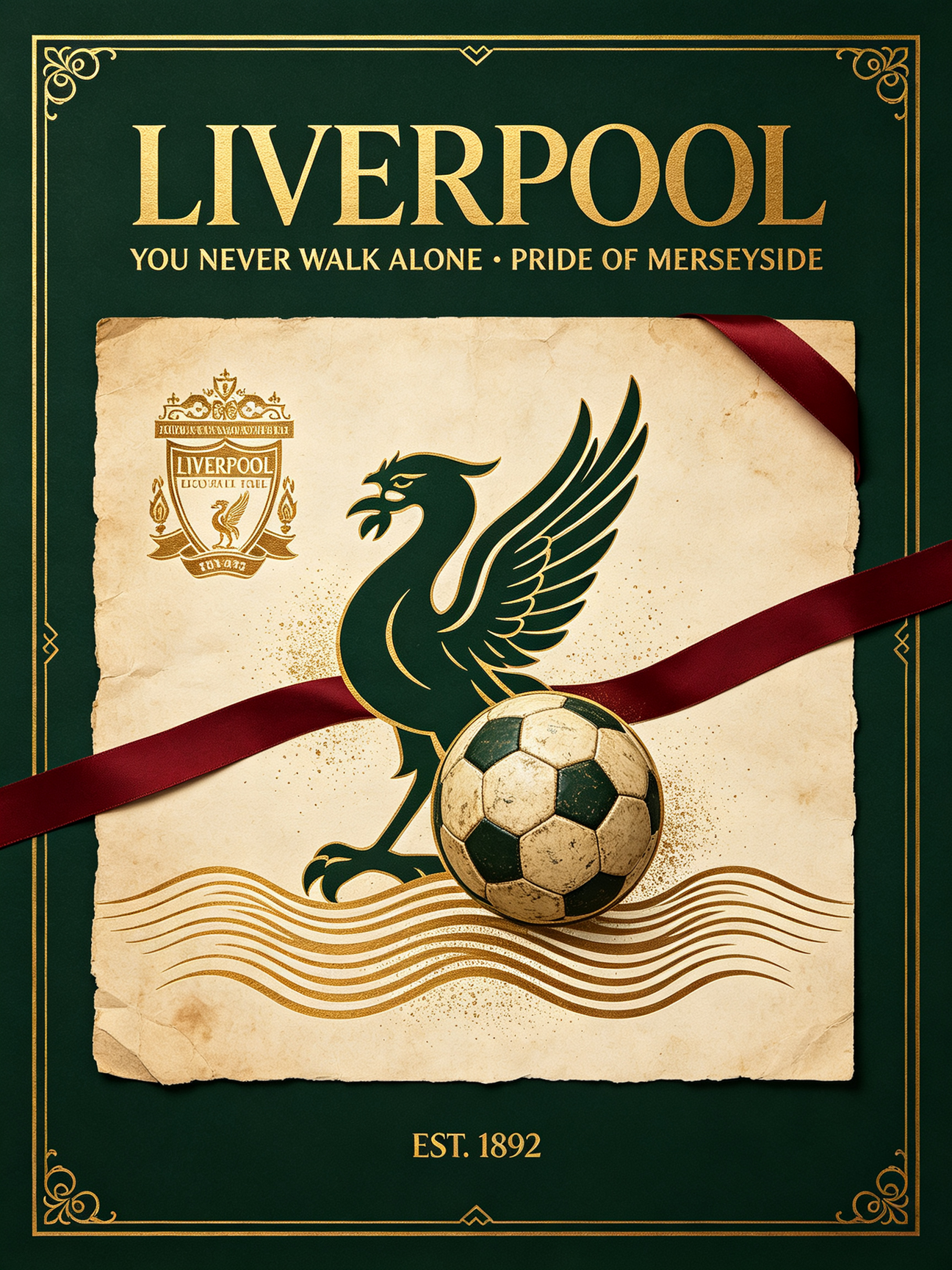 Sophisticated retro Liverpool FC football club artwork, deep dark green, antique bronze, sheepskin beige color, Sports Fan Kit soccer jersey retail wall art