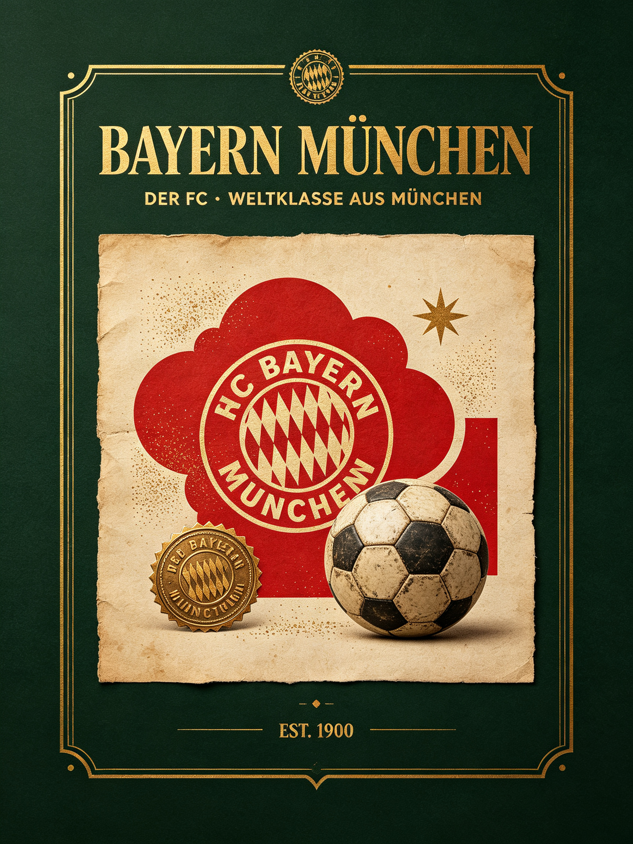 Premium vintage Bayern Munich football club wall print, deep forest green, vintage bronze gold, cream sheepskin palette, Sports Fan Kit soccer jersey store decor