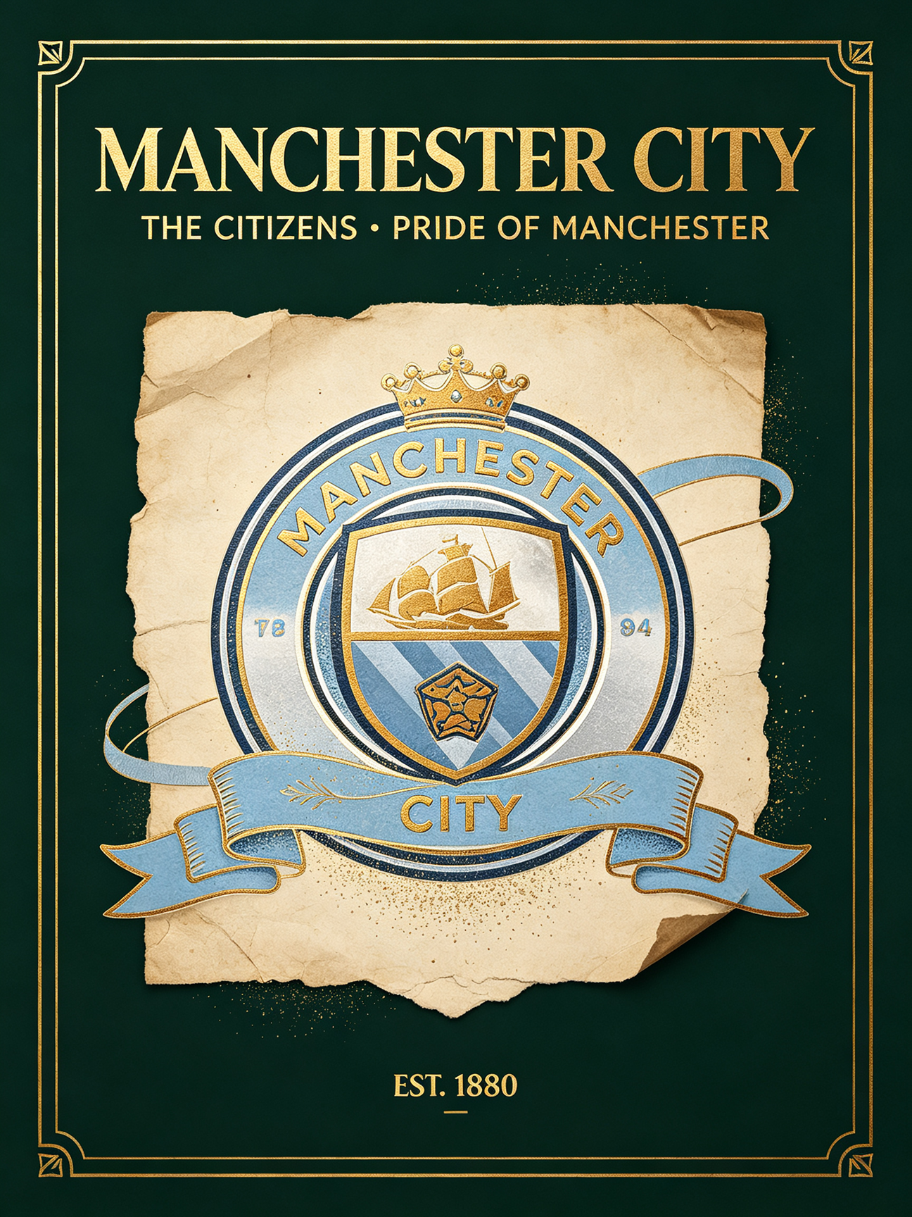 Premium retro Manchester City football club wall print, deep dark green, vintage bronze gold, parchment beige color, Sports Fan Kit soccer jersey store art