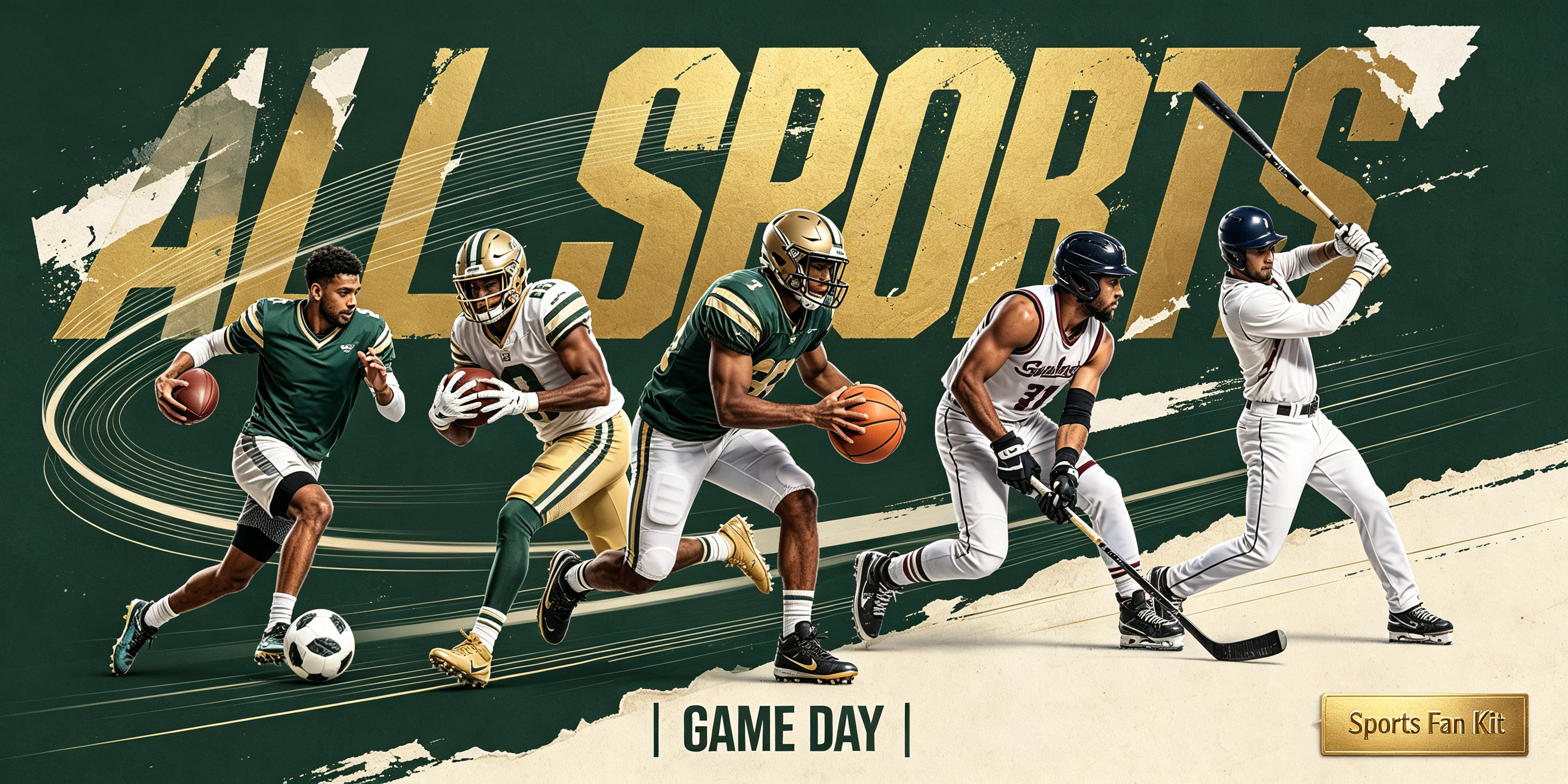Sports Fan Kit multi-sport fan gear, soccer american football basketball hockey baseball athletes collage, vintage torn texture, dark teal bronze gold parchment beige, retro fan apparel jersey artwork
