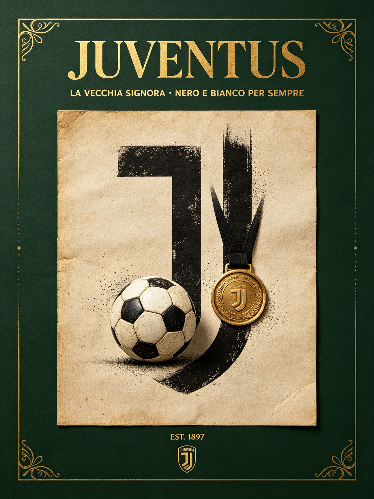 Sophisticated vintage Juventus football club decor, dark emerald green, old bronze gold, sheepskin cream, Sports Fan Kit soccer jersey shop artwork