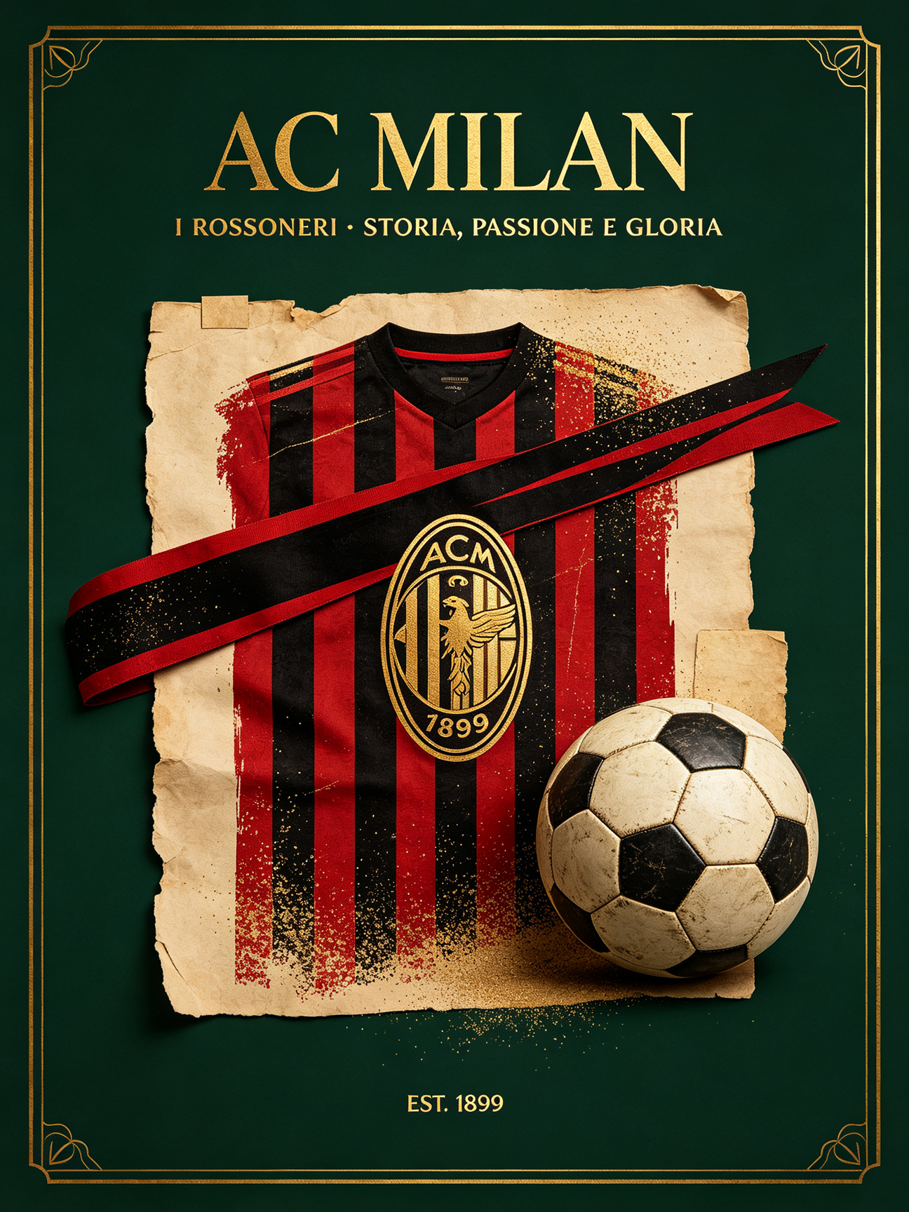 Refined retro AC Milan football club artwork, dark emerald green, antique bronze gold, parchment beige, Sports Fan Kit soccer jersey shop wall decor