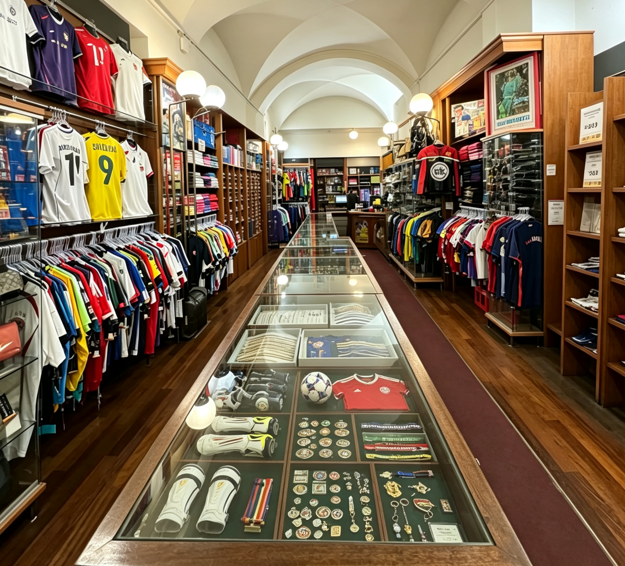 Interior view of physical football jersey store, neatly displayed vintage & custom soccer shirts, central showcase with soccer protective gear and football souvenirs, professional soccer jersey shop