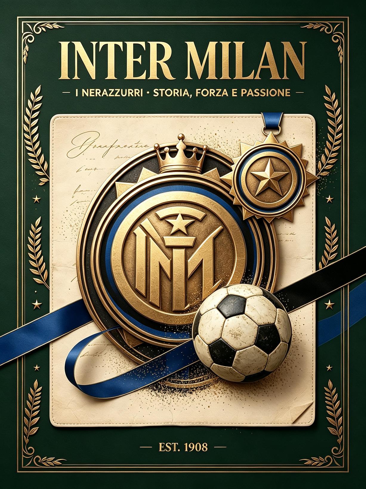 Luxury vintage Inter Milan football club print, deep dark green, aged bronze gold, sheepskin cream tones, Sports Fan Kit soccer jersey store wall art