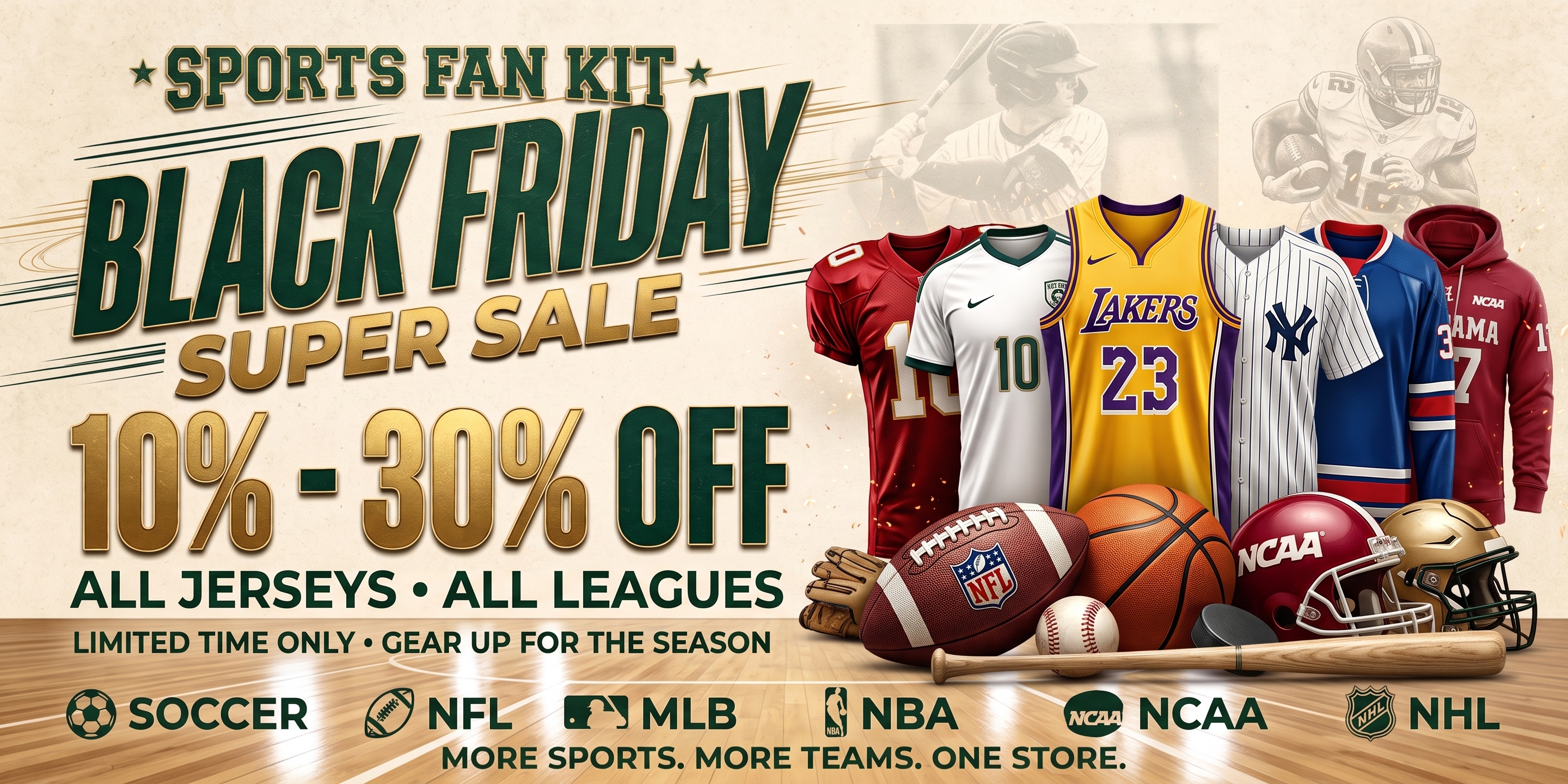 Sports Fan Kit Black Friday Super Sale banner with 10% to 30% off sports jerseys, featuring fast US-wide shipping and fan gear. Displays retro collegiate style branding for SPORTS FAN KIT with authentic jerseys and equipment for NFL, NBA, MLB, NHL, NCAA, 
