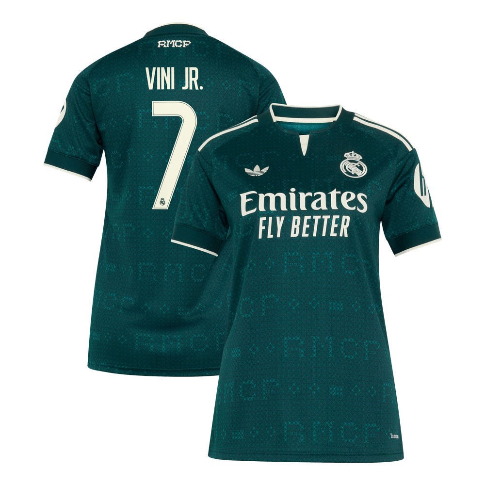 Vini Jr. Real Madrid Women's 2026/27 Away Fan Jersey Green - front and back view