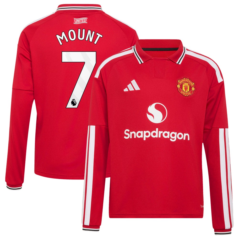 Mason Mount Manchester United Youth 2026/27 Home Fan Long Sleeve Jersey Red - front and back view