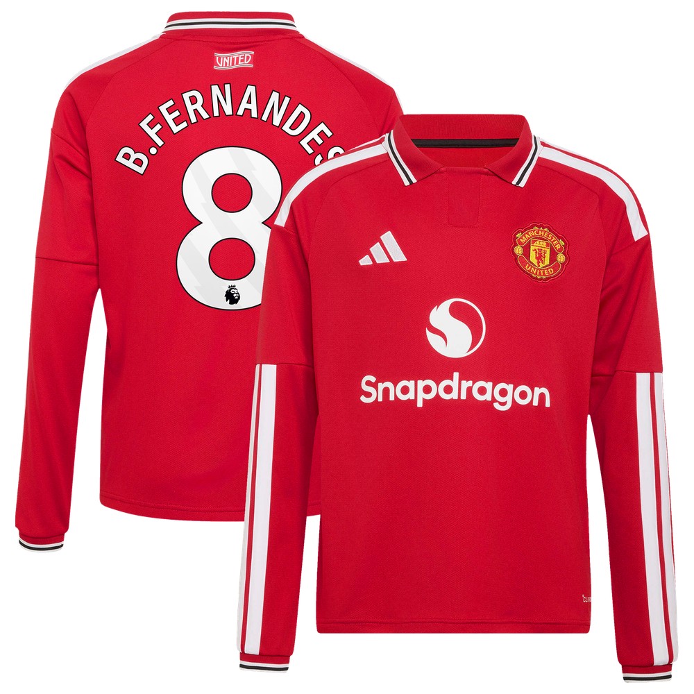 Bruno Fernandes Manchester United Youth 2026/27 Home Fan Long Sleeve Jersey - front and back view